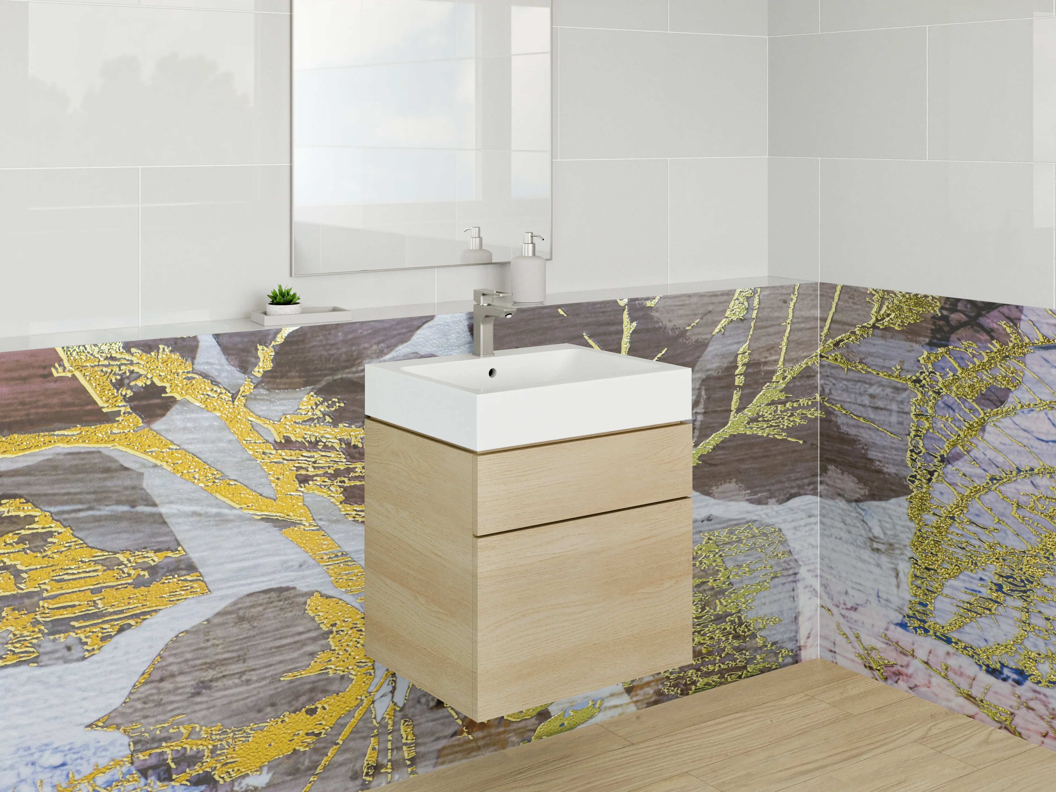 Waschbecken-Rückwand - Goldene Blätter auf Naturholz
