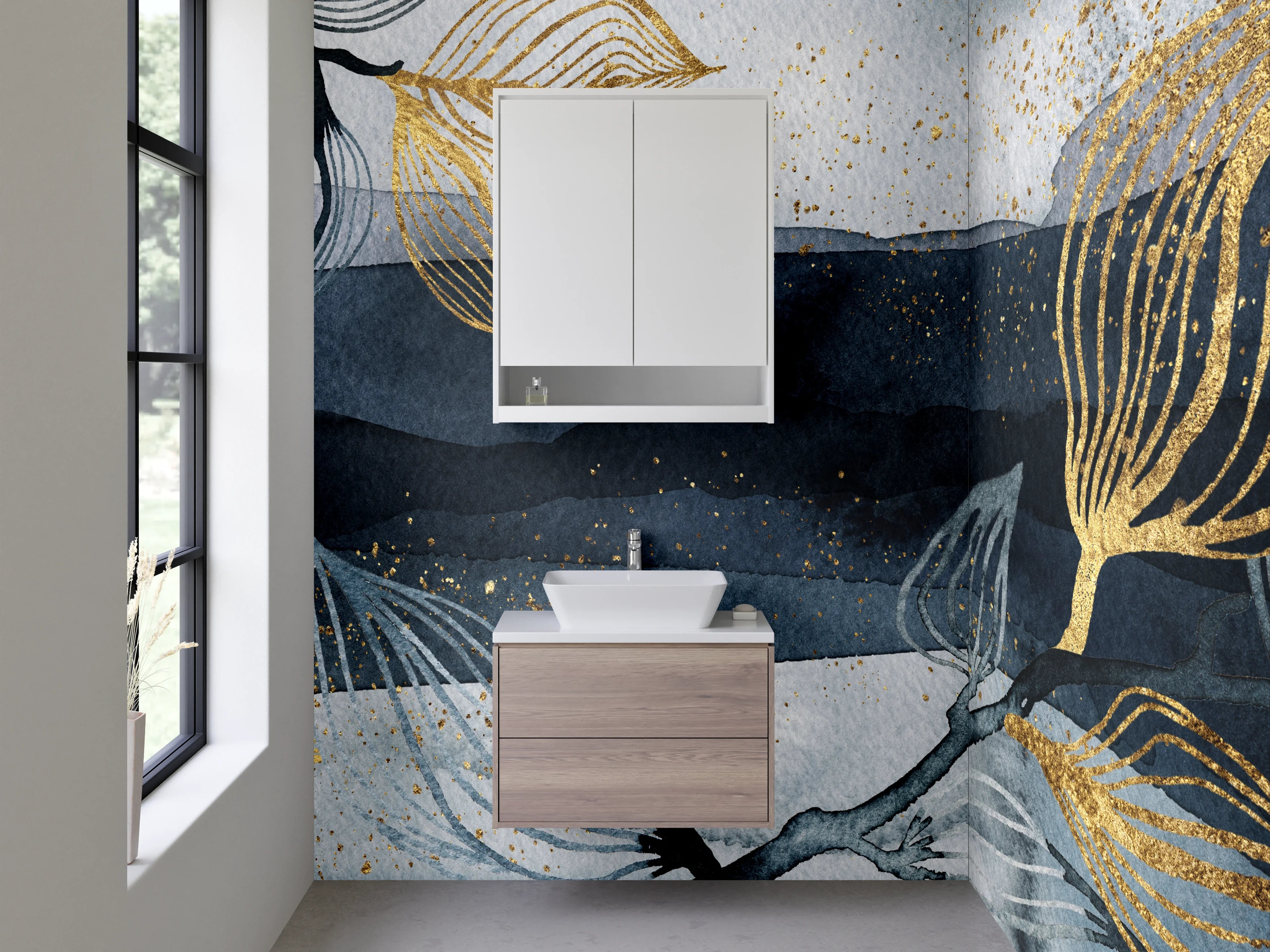 Waschbecken-Rückwand - Goldene Blätter auf blauer Wasserfarbe-Hintergrund