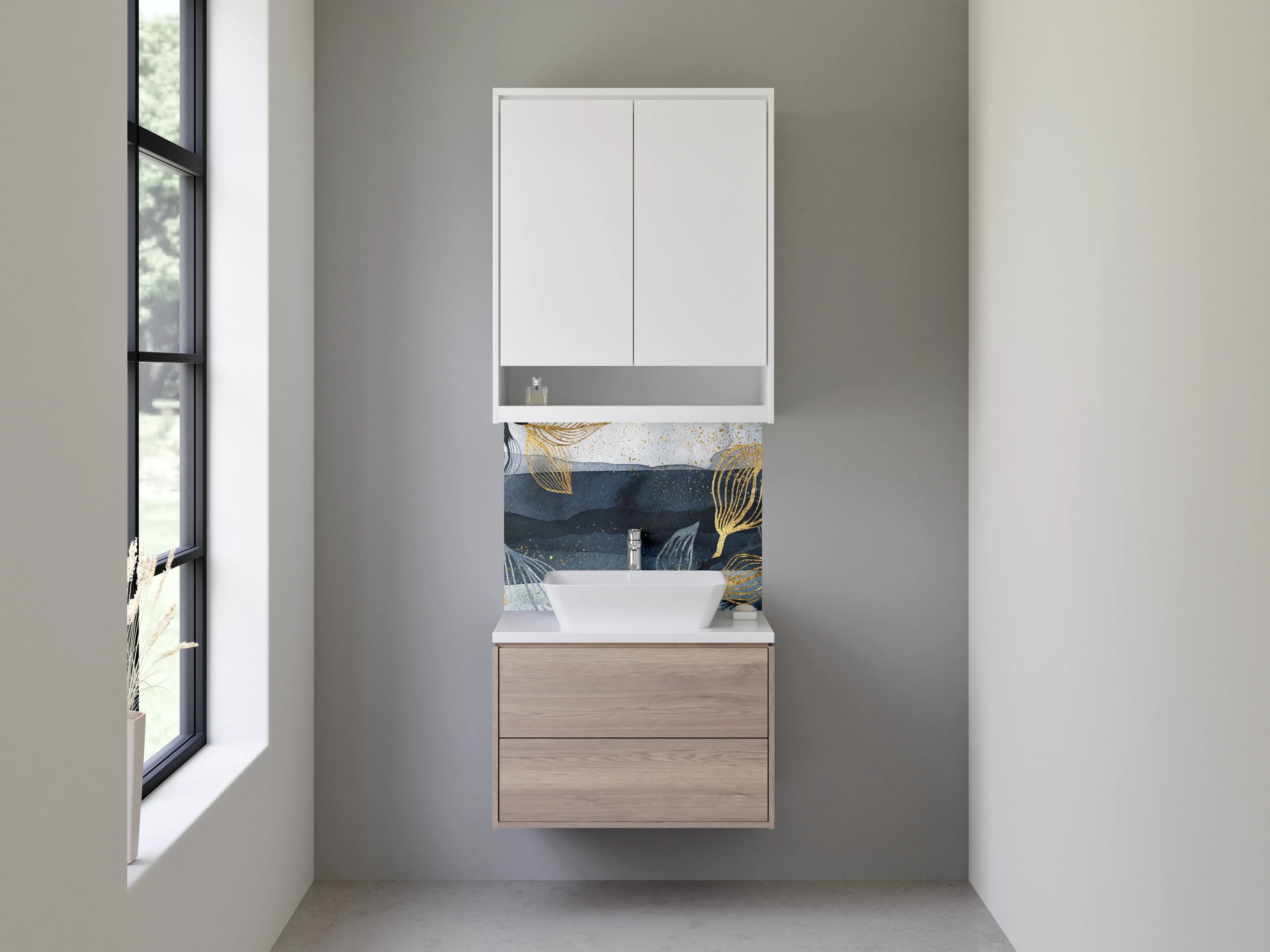 Waschbecken-Rückwand - Goldene Blätter auf blauer Wasserfarbe-Hintergrund