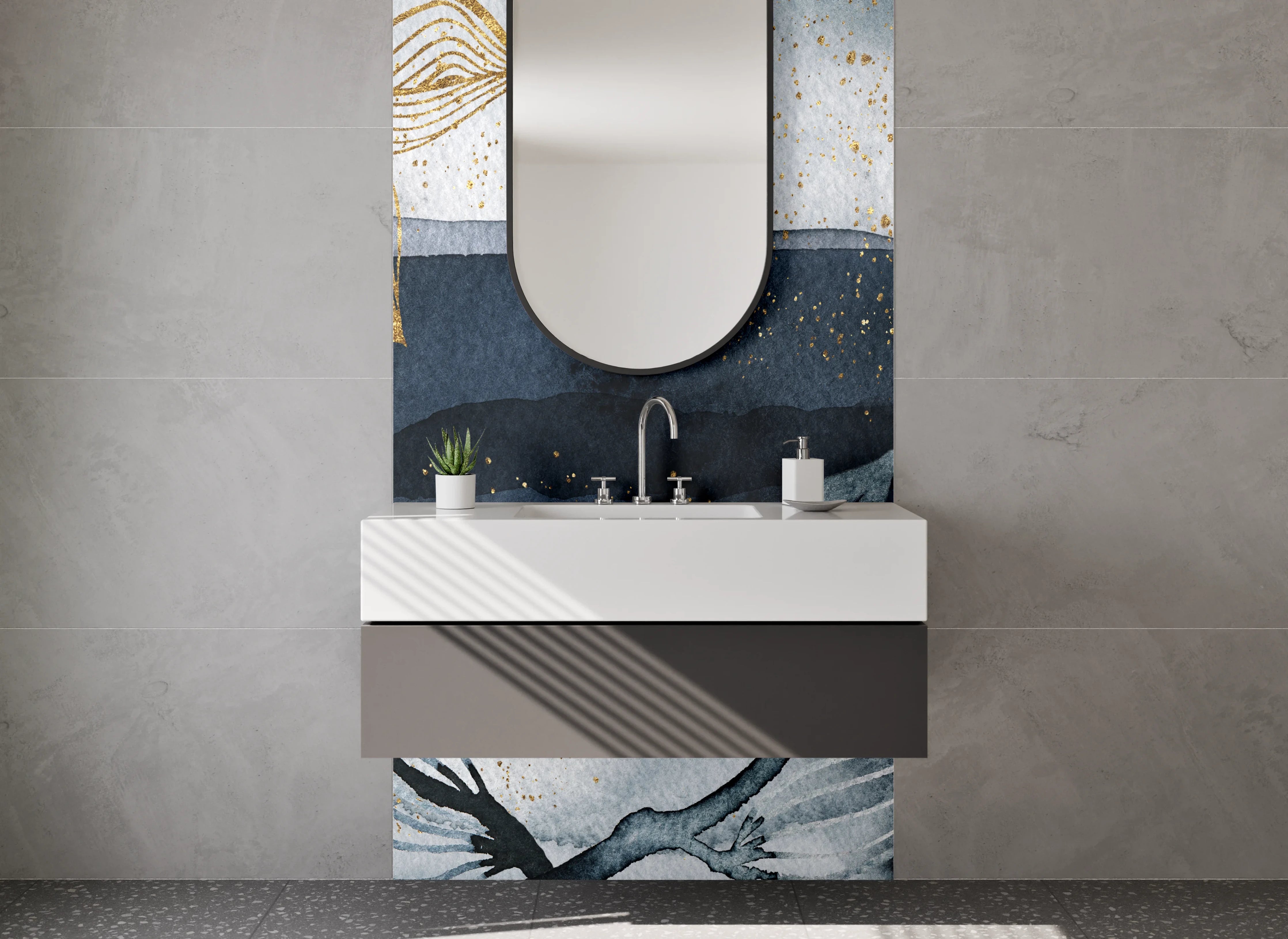 Waschbecken-Rückwand - Goldene Blätter auf blauer Wasserfarbe-Hintergrund