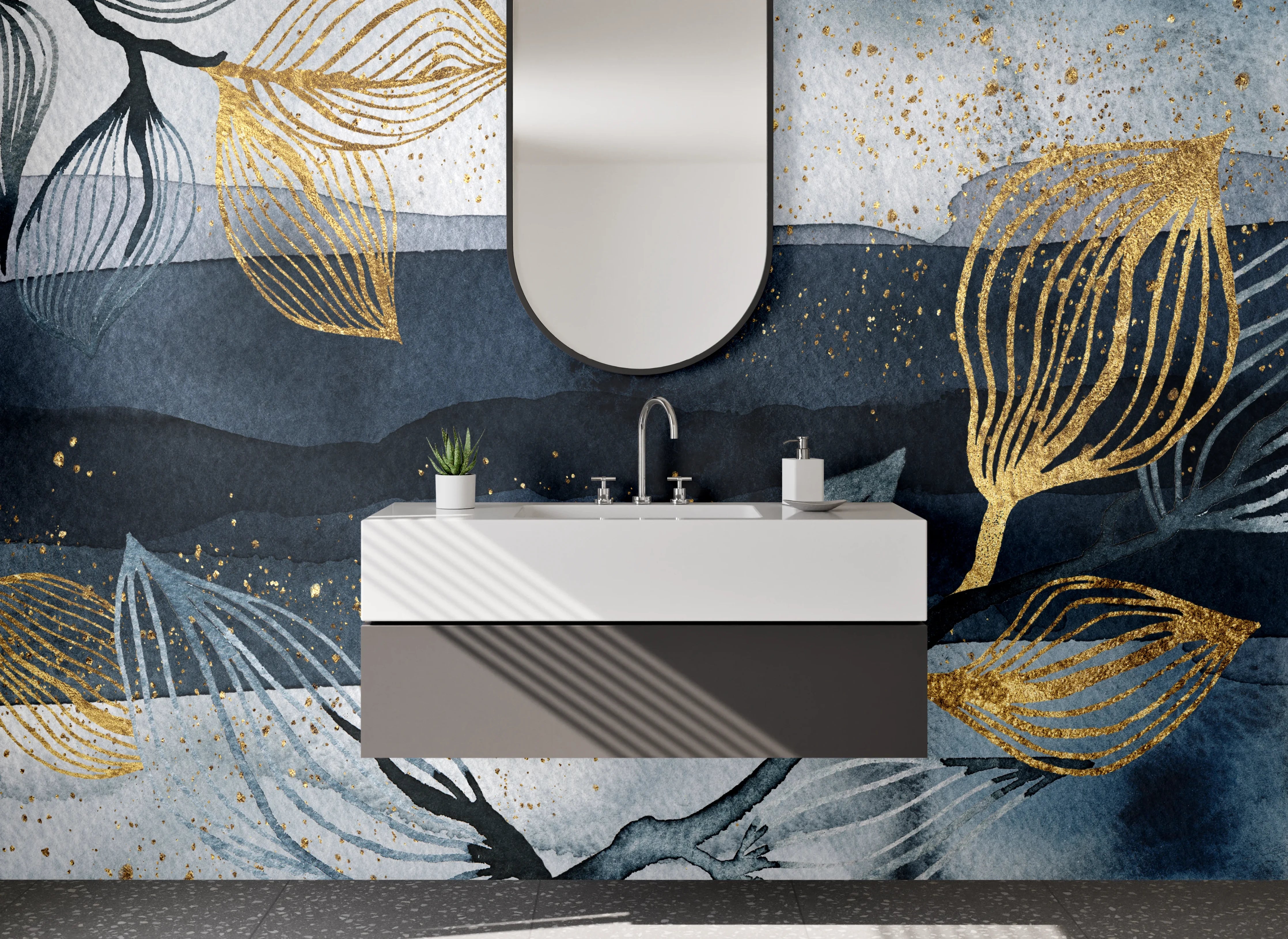 Waschbecken-Rückwand - Goldene Blätter auf blauer Wasserfarbe-Hintergrund