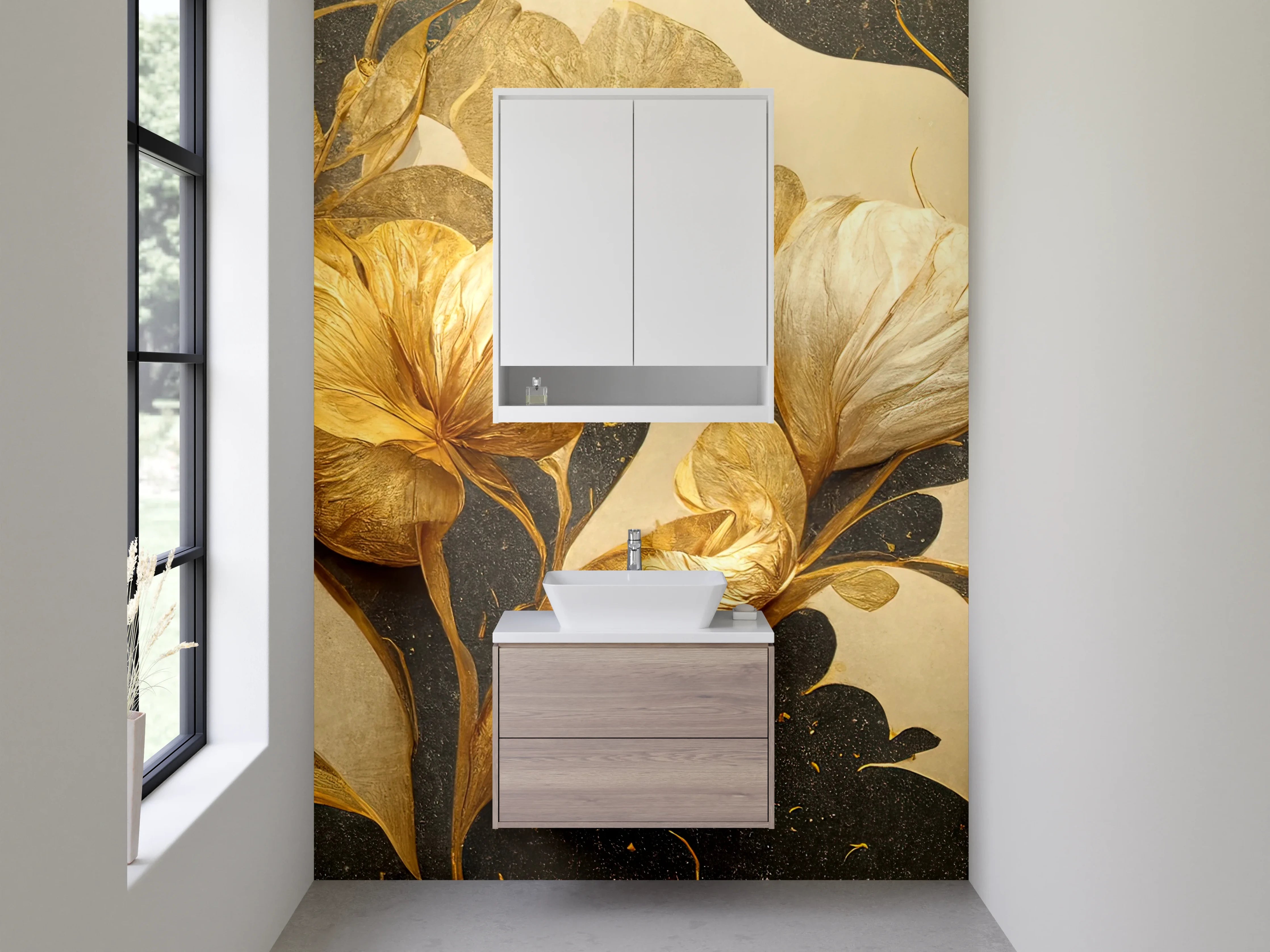 Waschbecken-Rückwand - Goldene Blumen Illustration modern