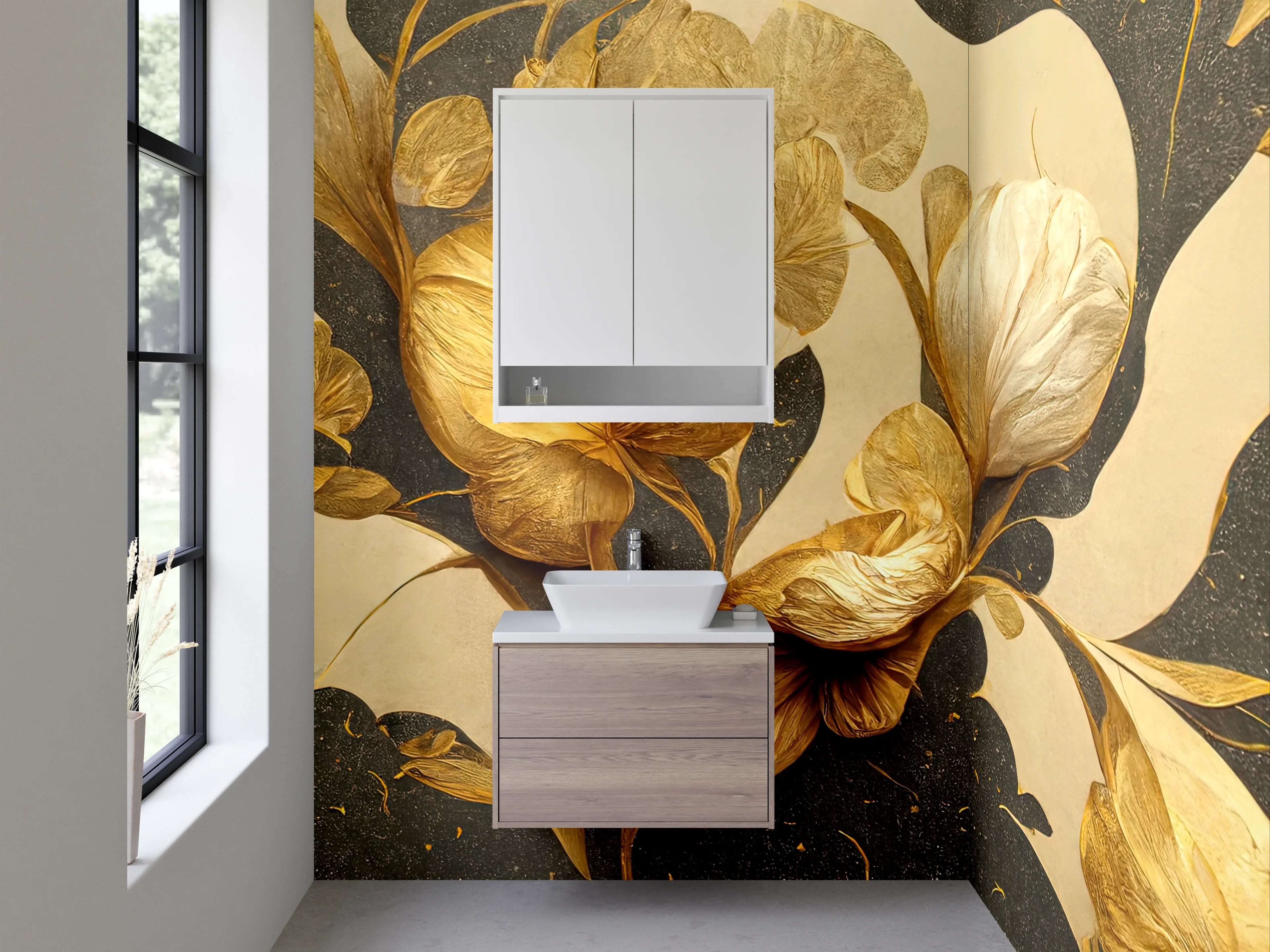 Waschbecken-Rückwand - Goldene Blumen Illustration modern