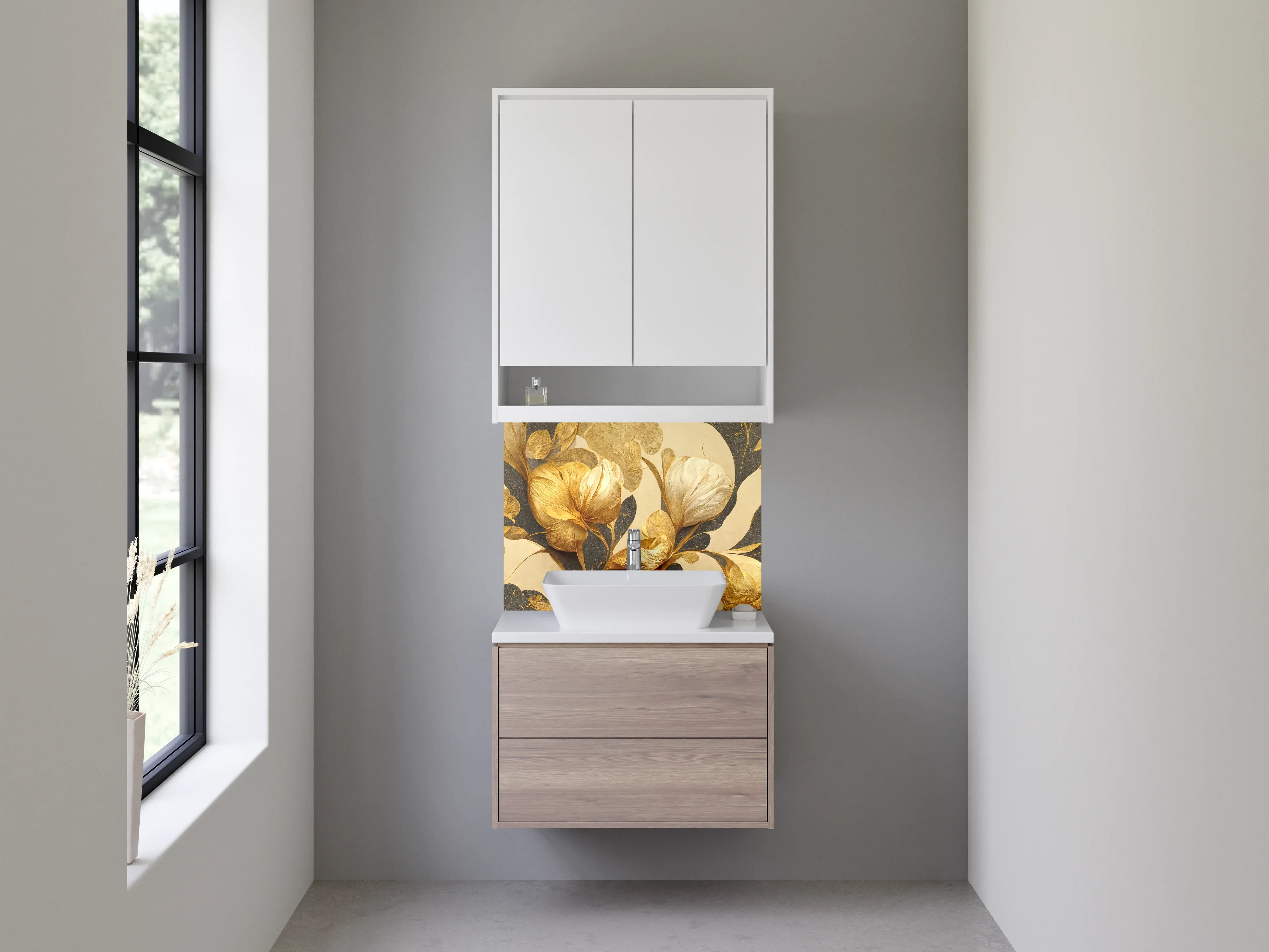 Waschbecken-Rückwand - Goldene Blumen Illustration modern