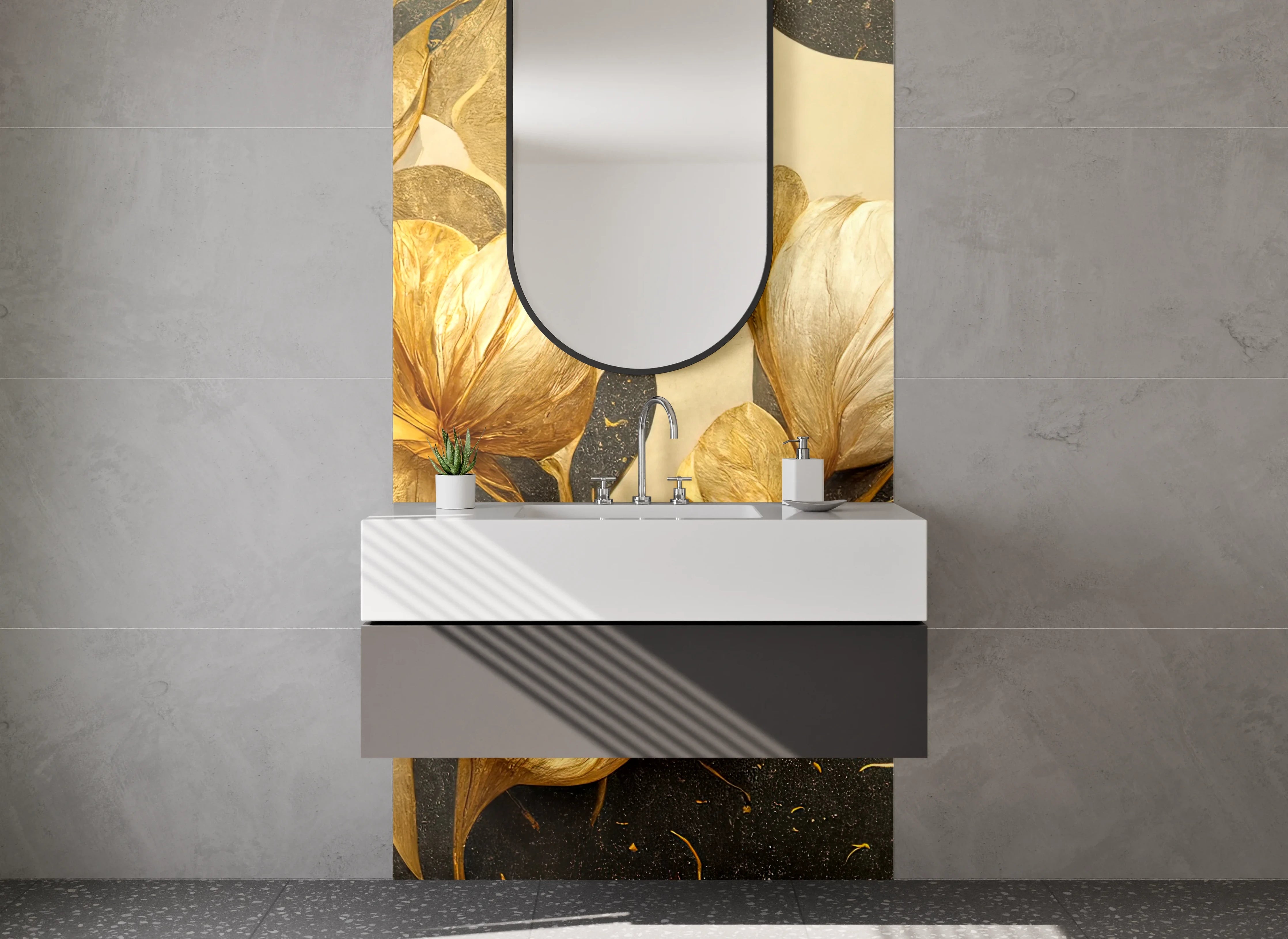 Waschbecken-Rückwand - Goldene Blumen Illustration modern