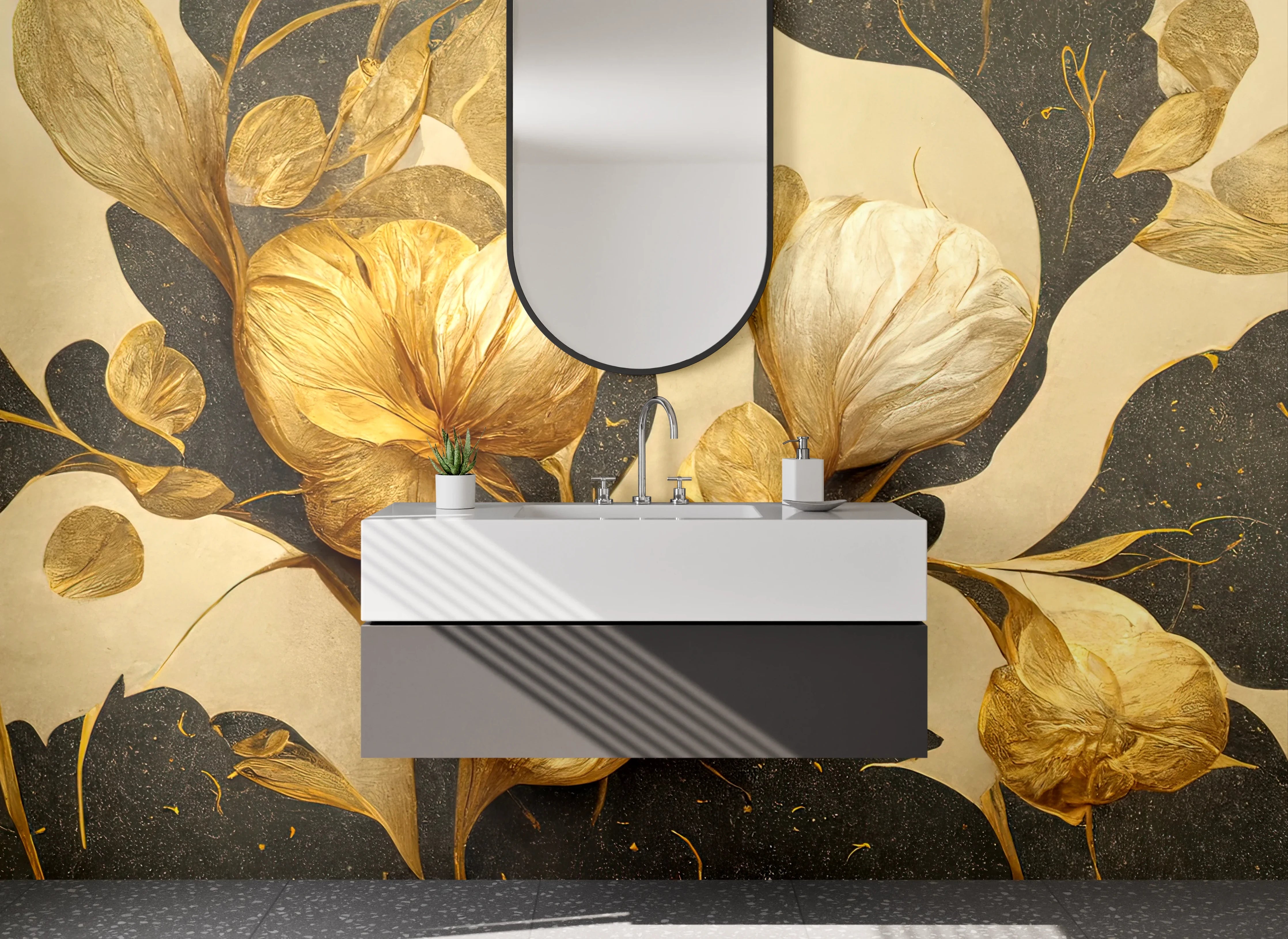 Waschbecken-Rückwand - Goldene Blumen Illustration modern