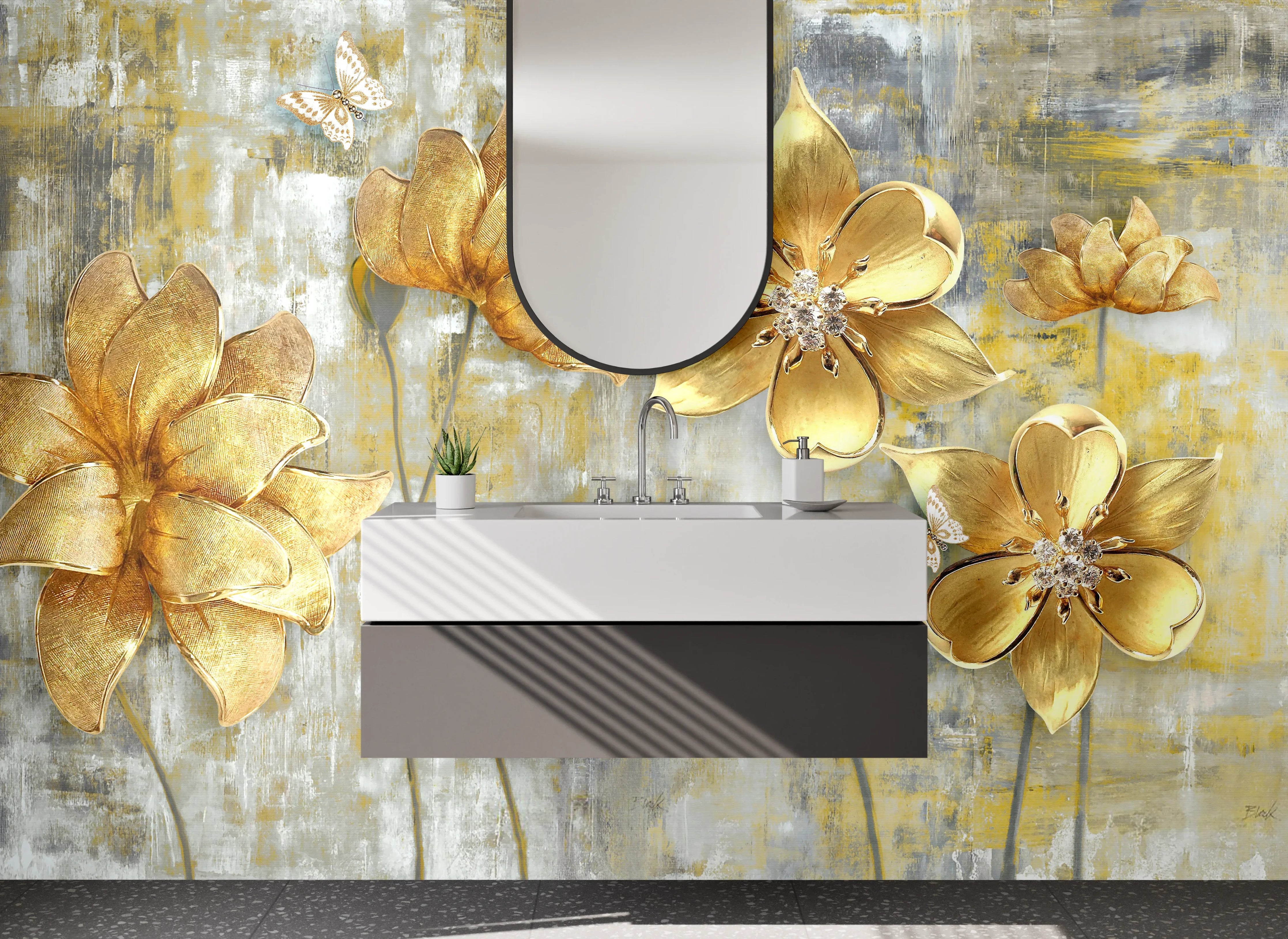 Waschbecken-Rückwand - Goldene Blumen Kunst auf Marmor