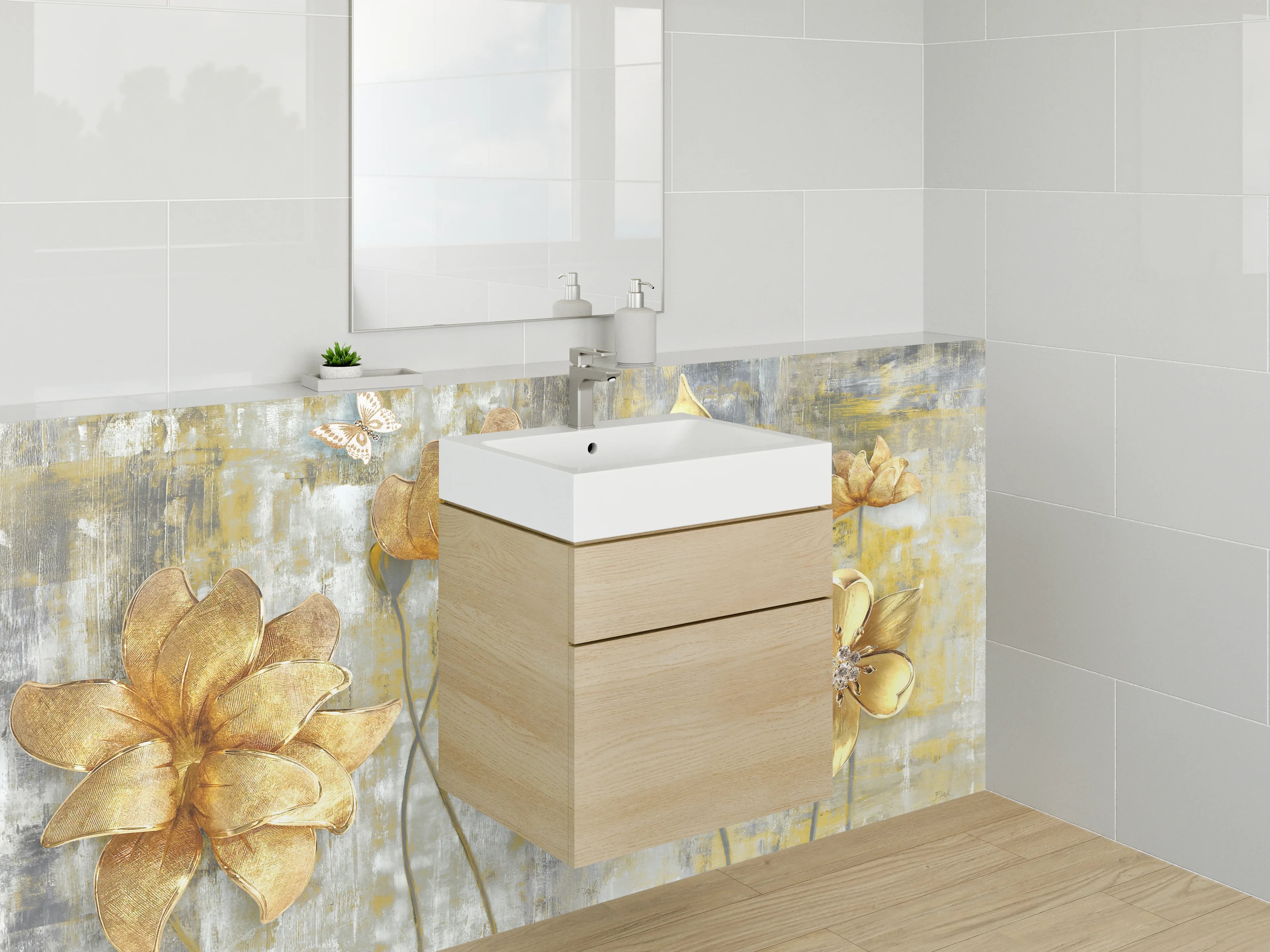 Waschbecken-Rückwand - Goldene Blumen Kunst auf Marmor