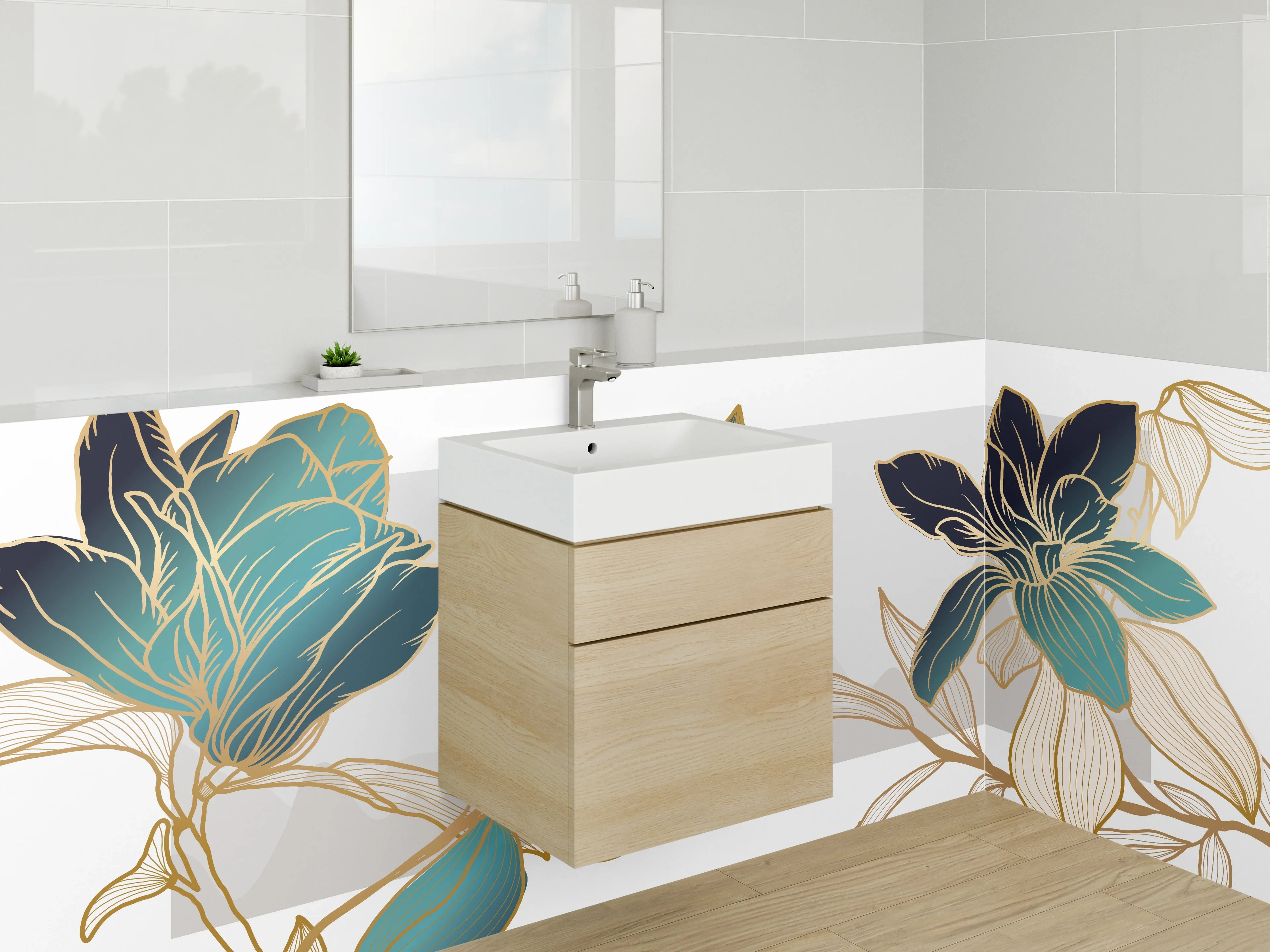 Waschbecken-Rückwand - Goldene Blumen Lineart Eleganz