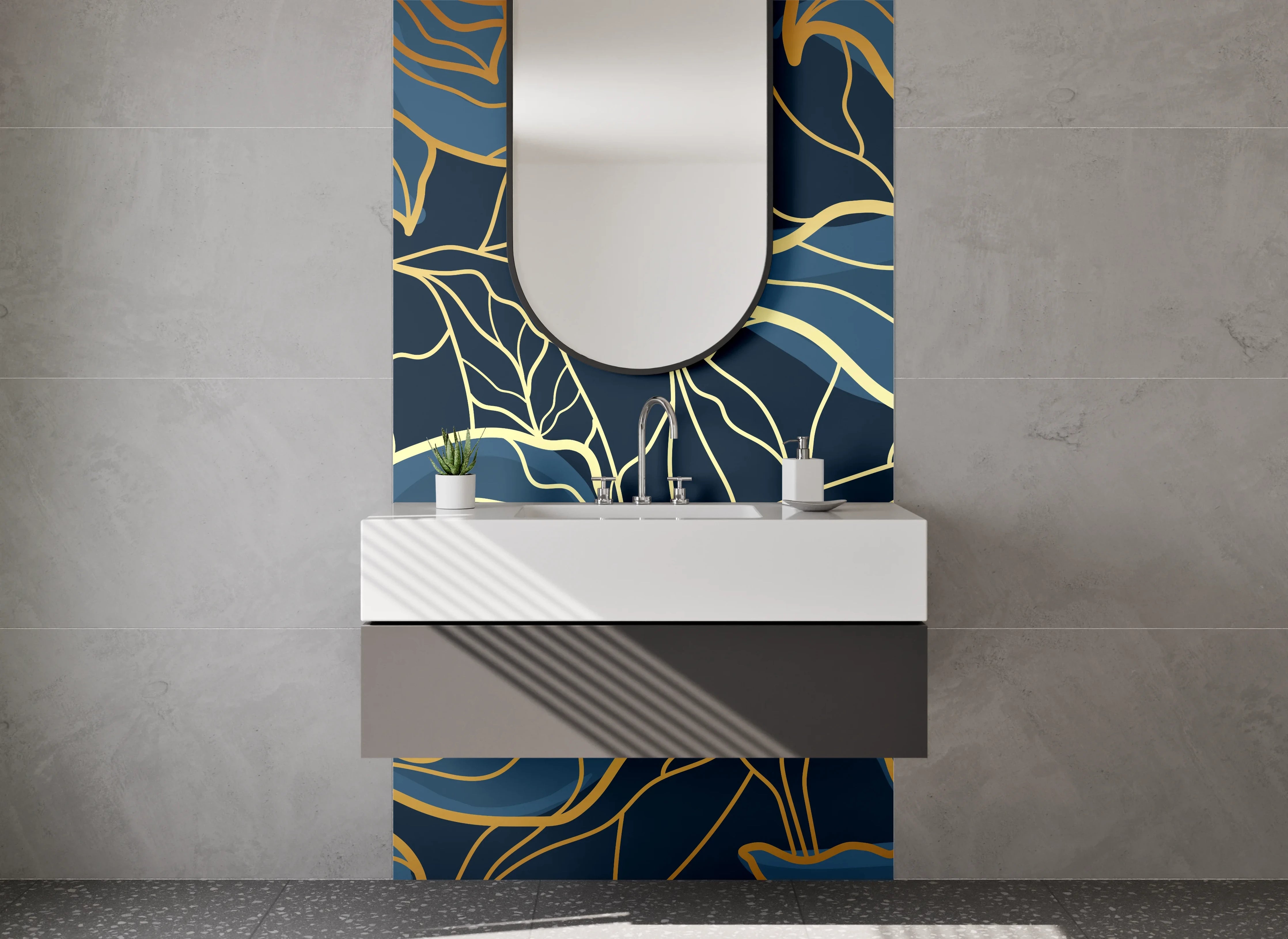 Waschbecken-Rückwand - Goldene Blumen Lineart auf Dunkelblau