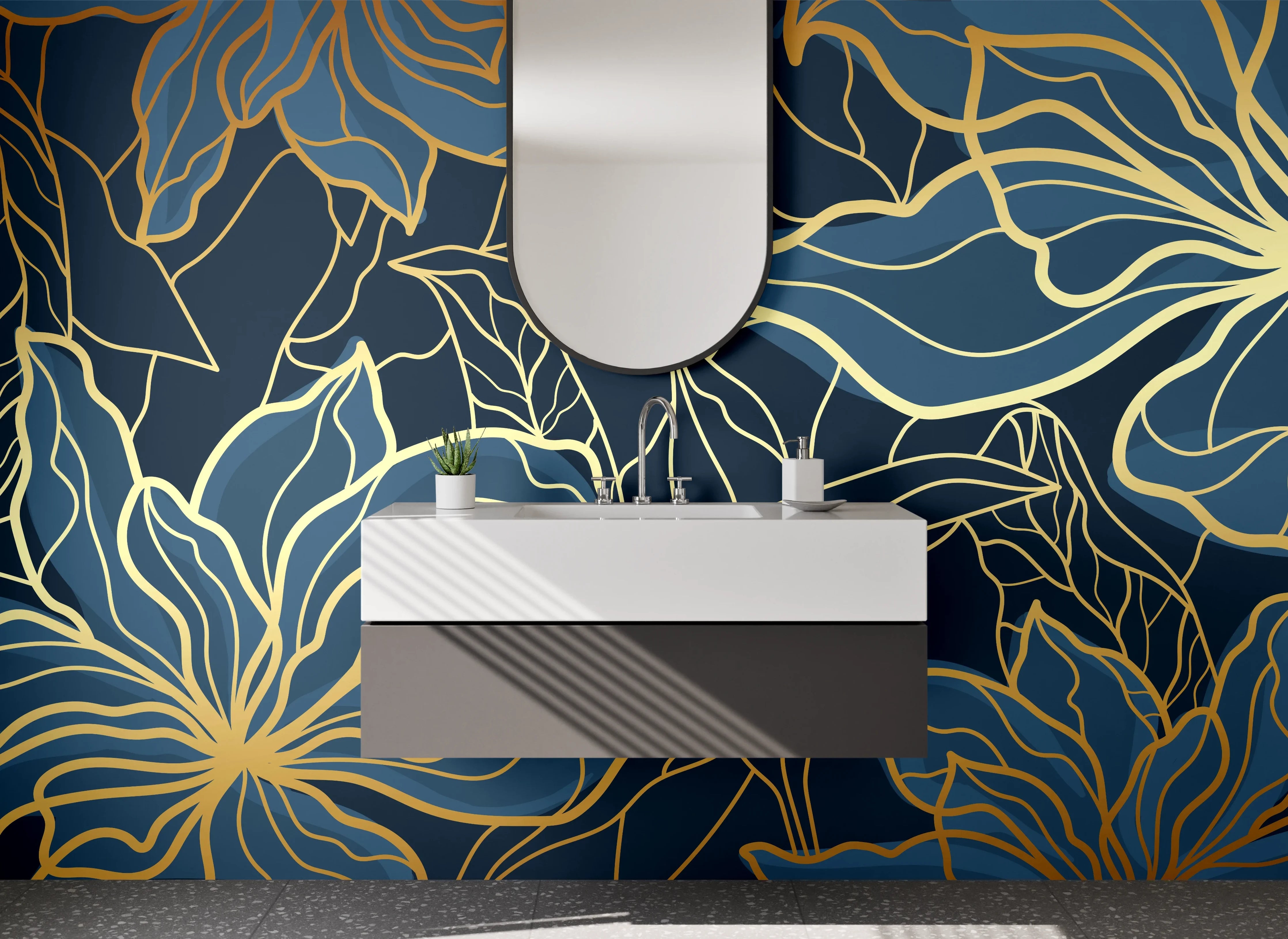 Waschbecken-Rückwand - Goldene Blumen Lineart auf Dunkelblau
