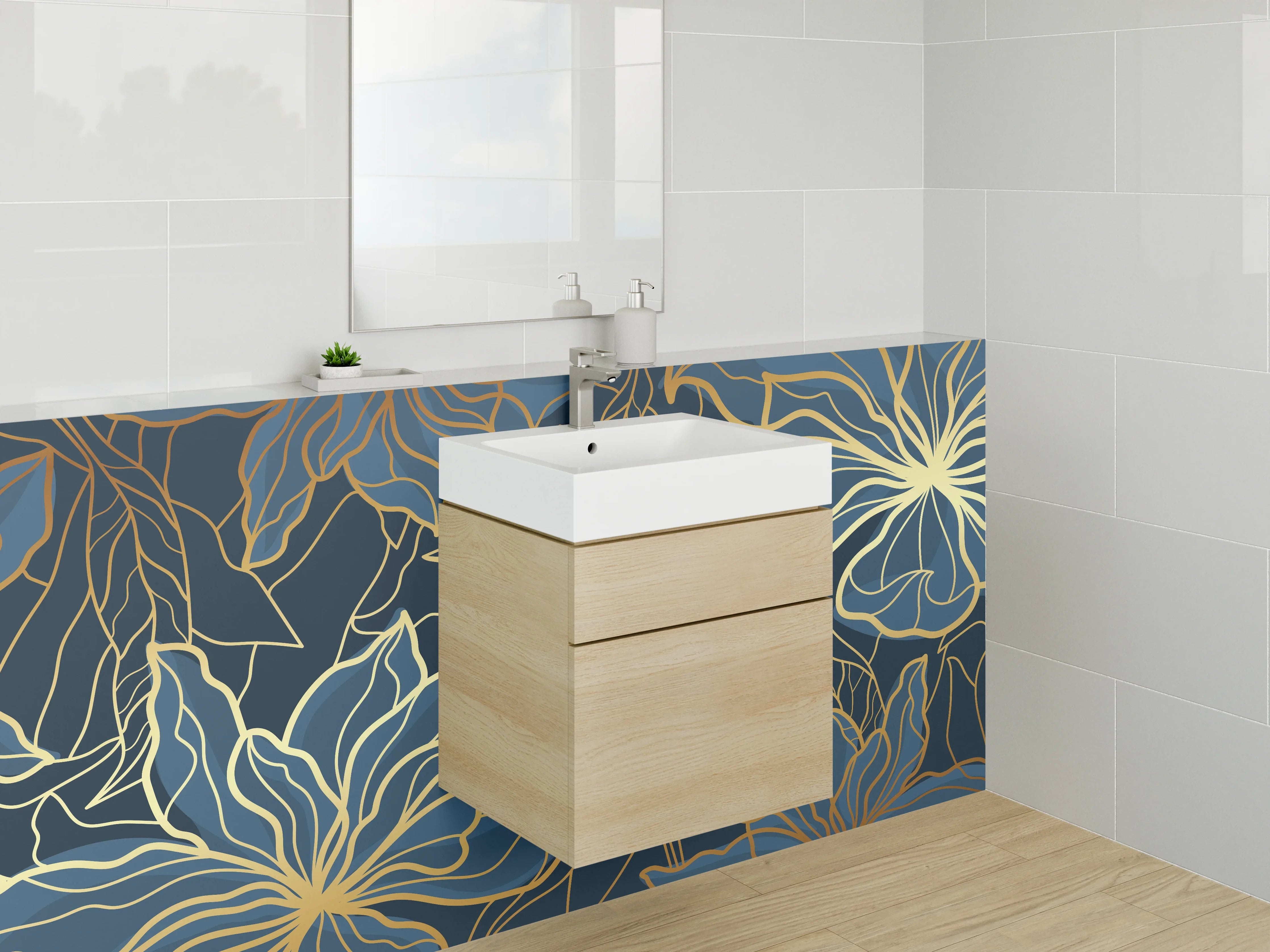 Waschbecken-Rückwand - Goldene Blumen Lineart auf Dunkelblau