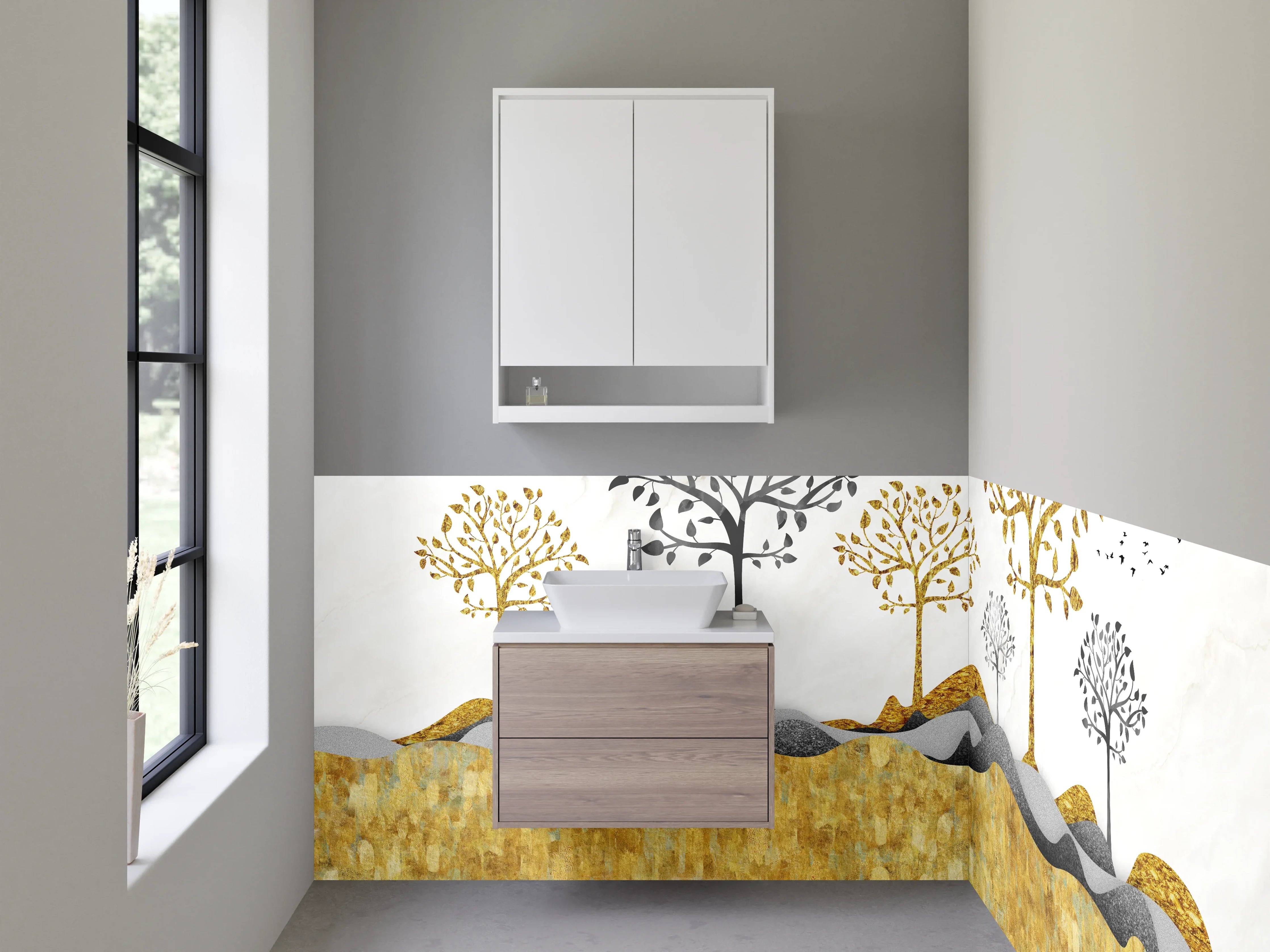 Waschbecken-Rückwand - Goldene Landschaft mit Bäumen auf Marmor