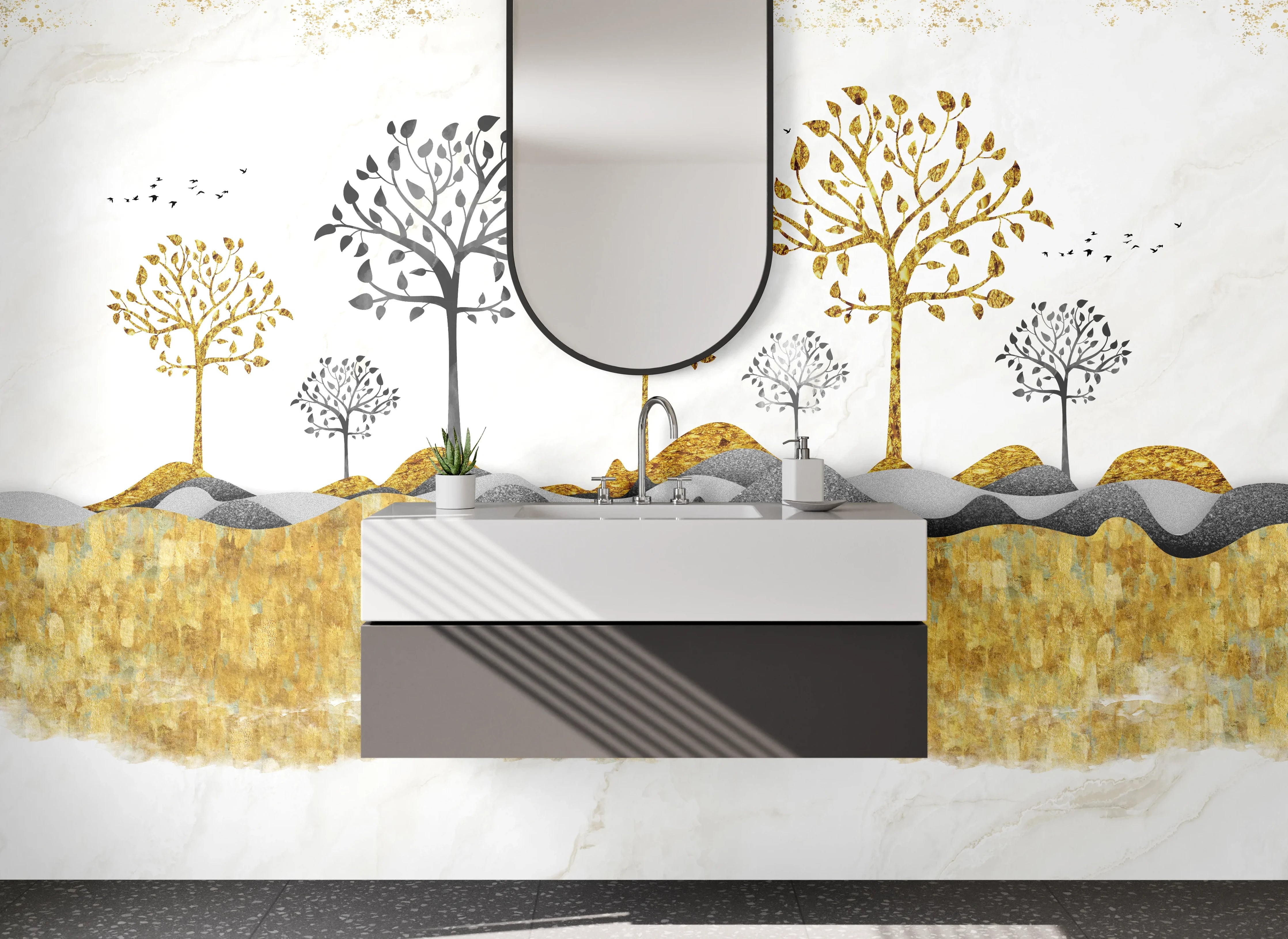 Waschbecken-Rückwand - Goldene Landschaft mit Bäumen auf Marmor