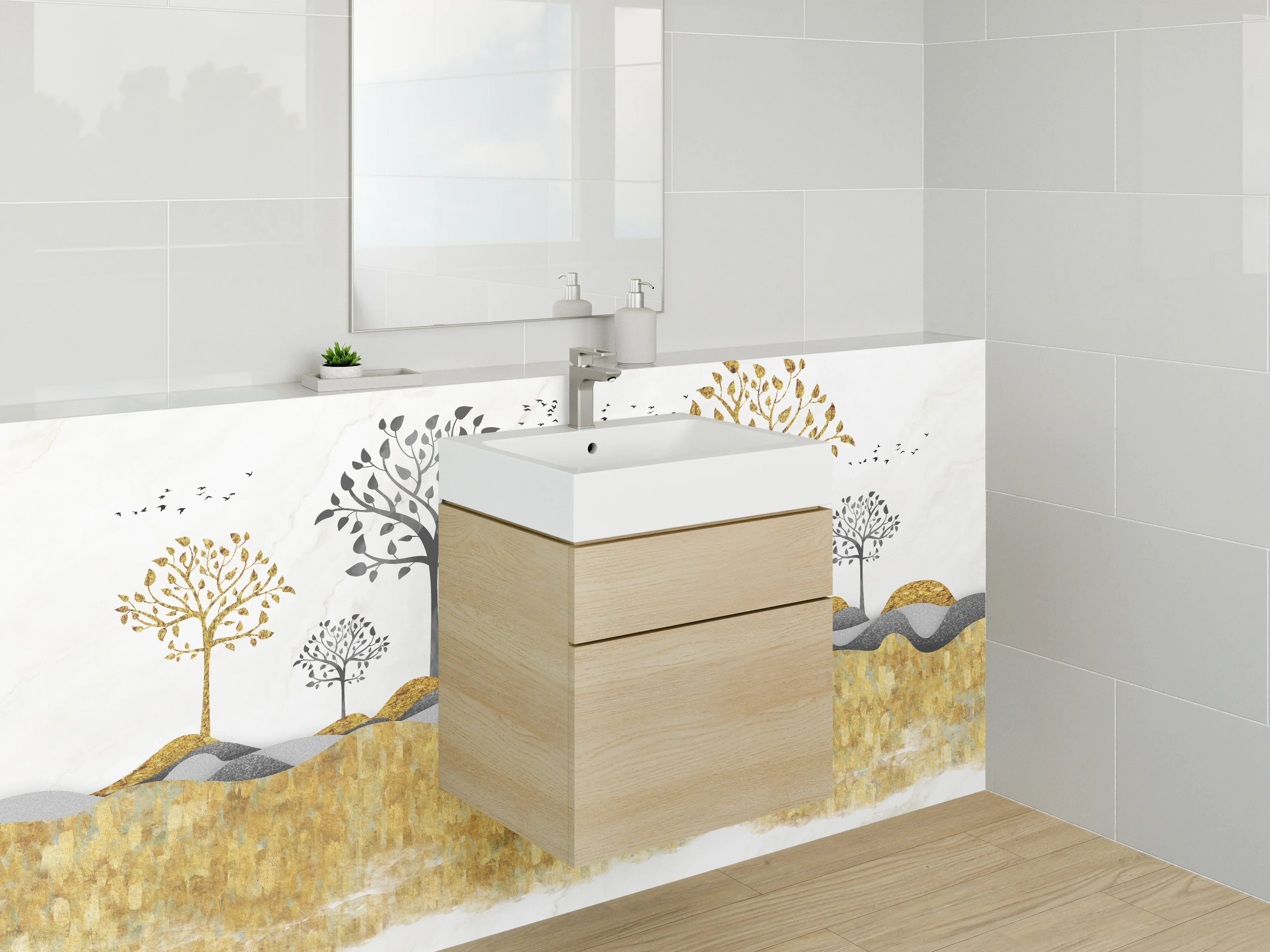 Waschbecken-Rückwand - Goldene Landschaft mit Bäumen auf Marmor