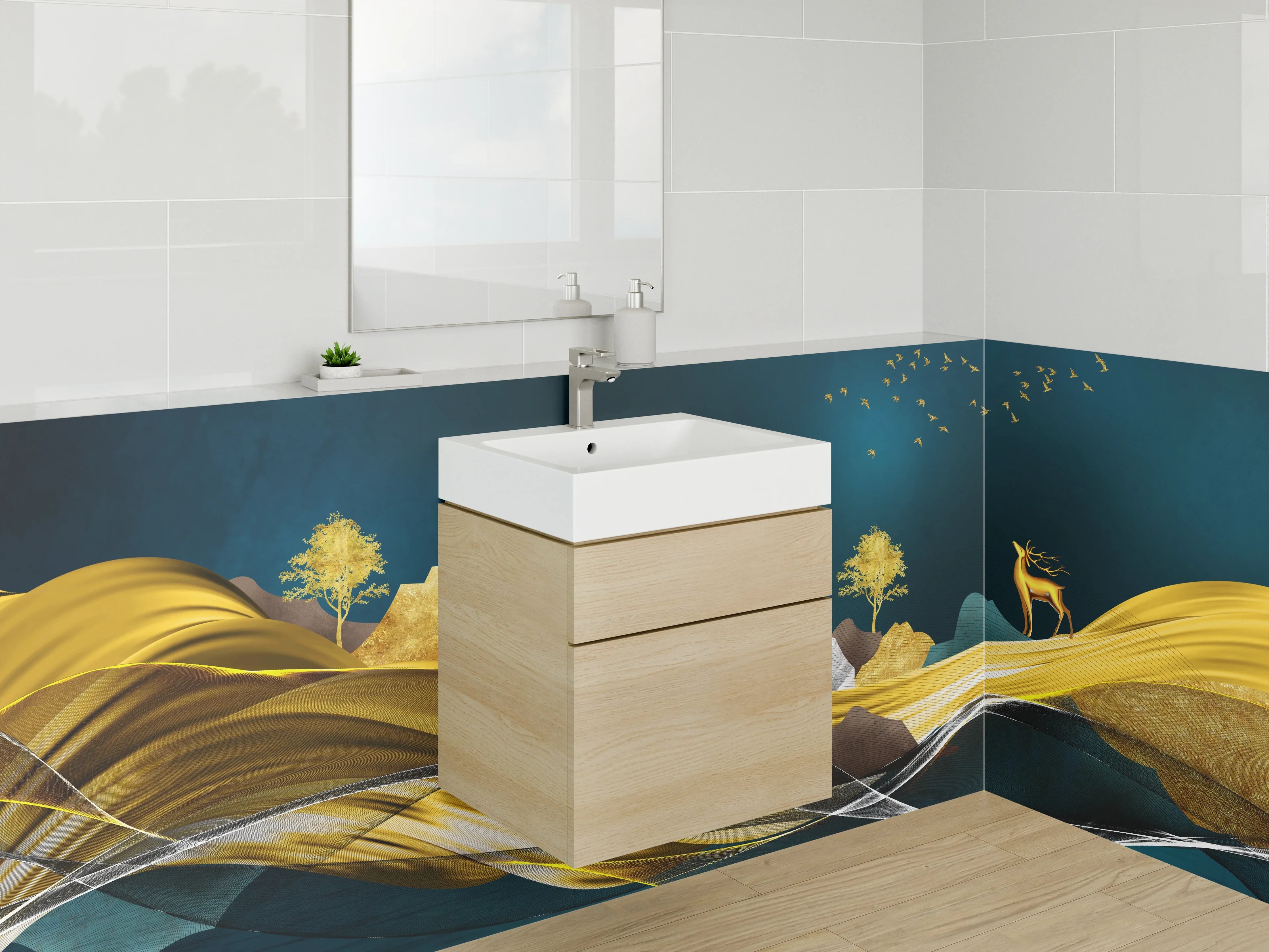 Waschbecken-Rückwand - Goldene Landschaft mit Hirsch – Wandkunst