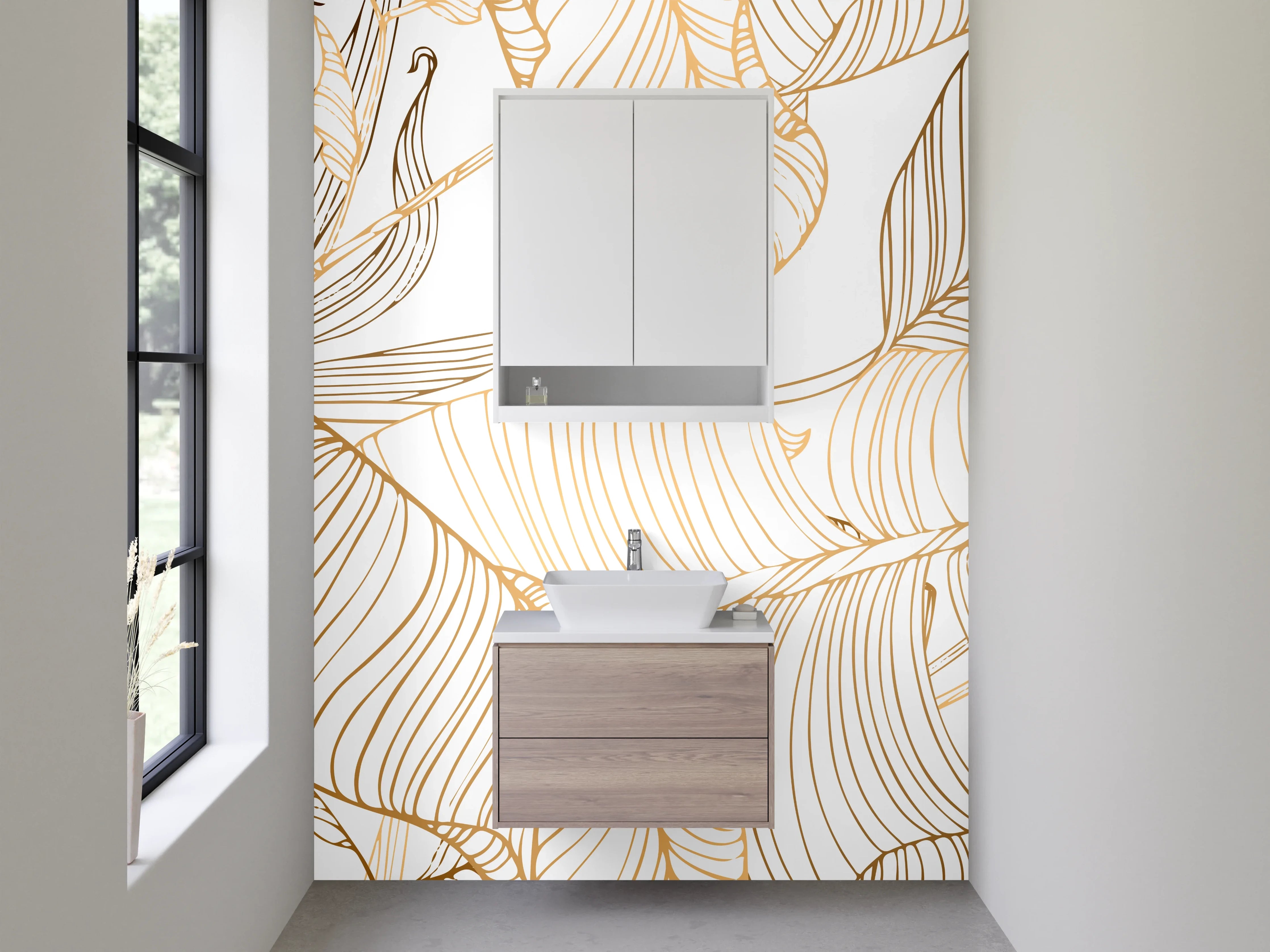 Waschbecken-Rückwand - Goldene Lineart Blätter Muster