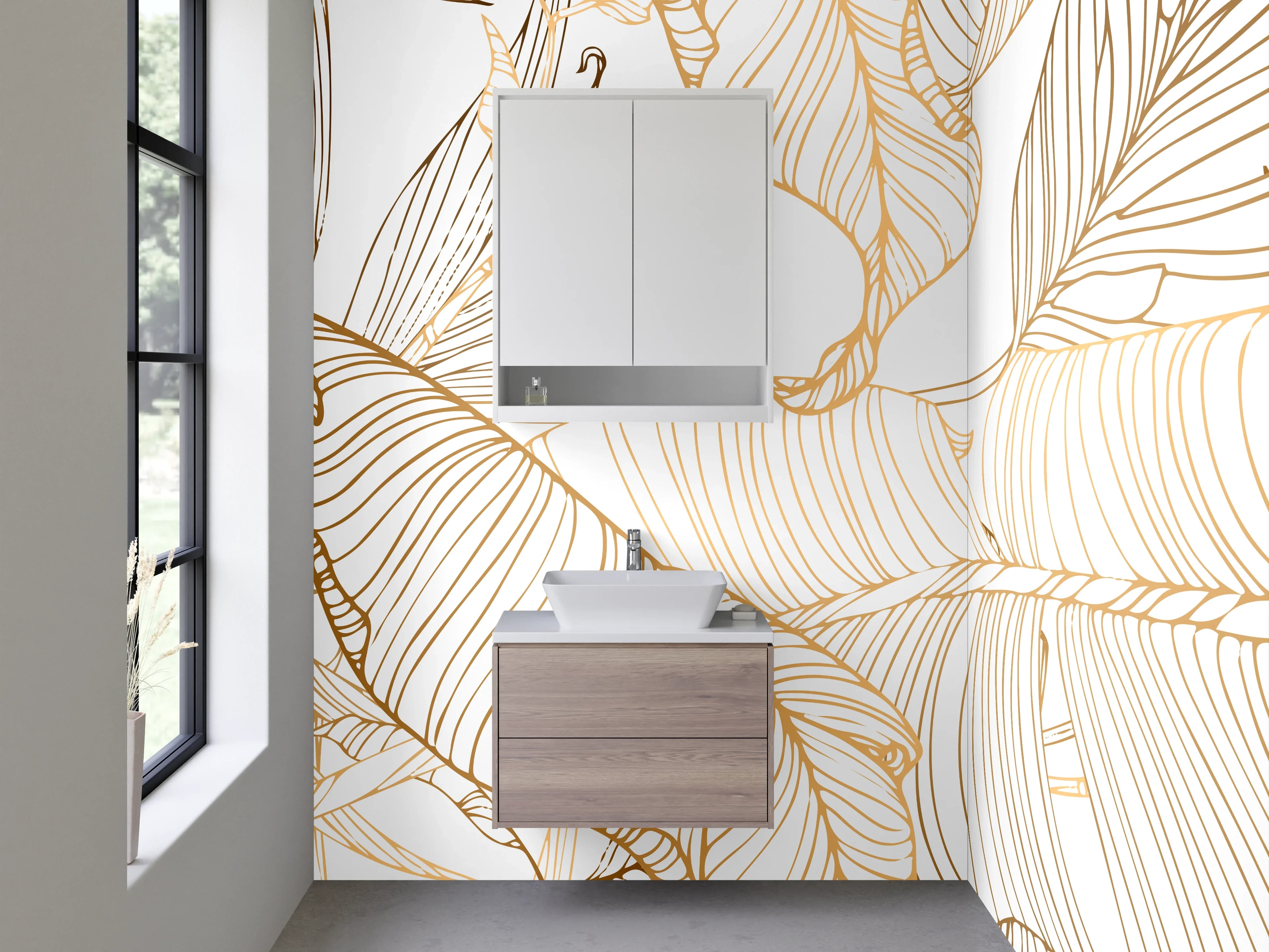 Waschbecken-Rückwand - Goldene Lineart Blätter Muster