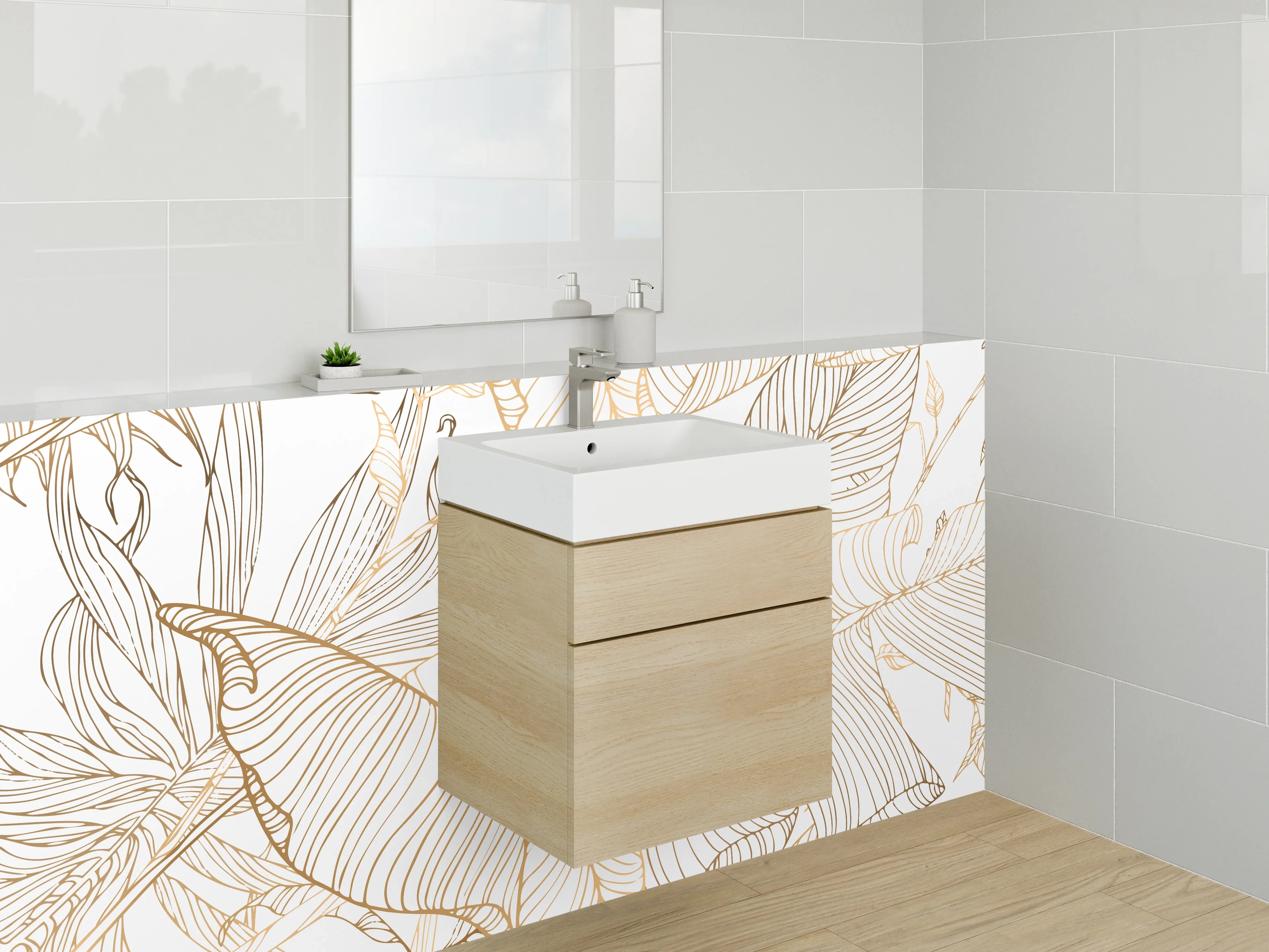 Waschbecken-Rückwand - Goldene Lineart Blätter Muster