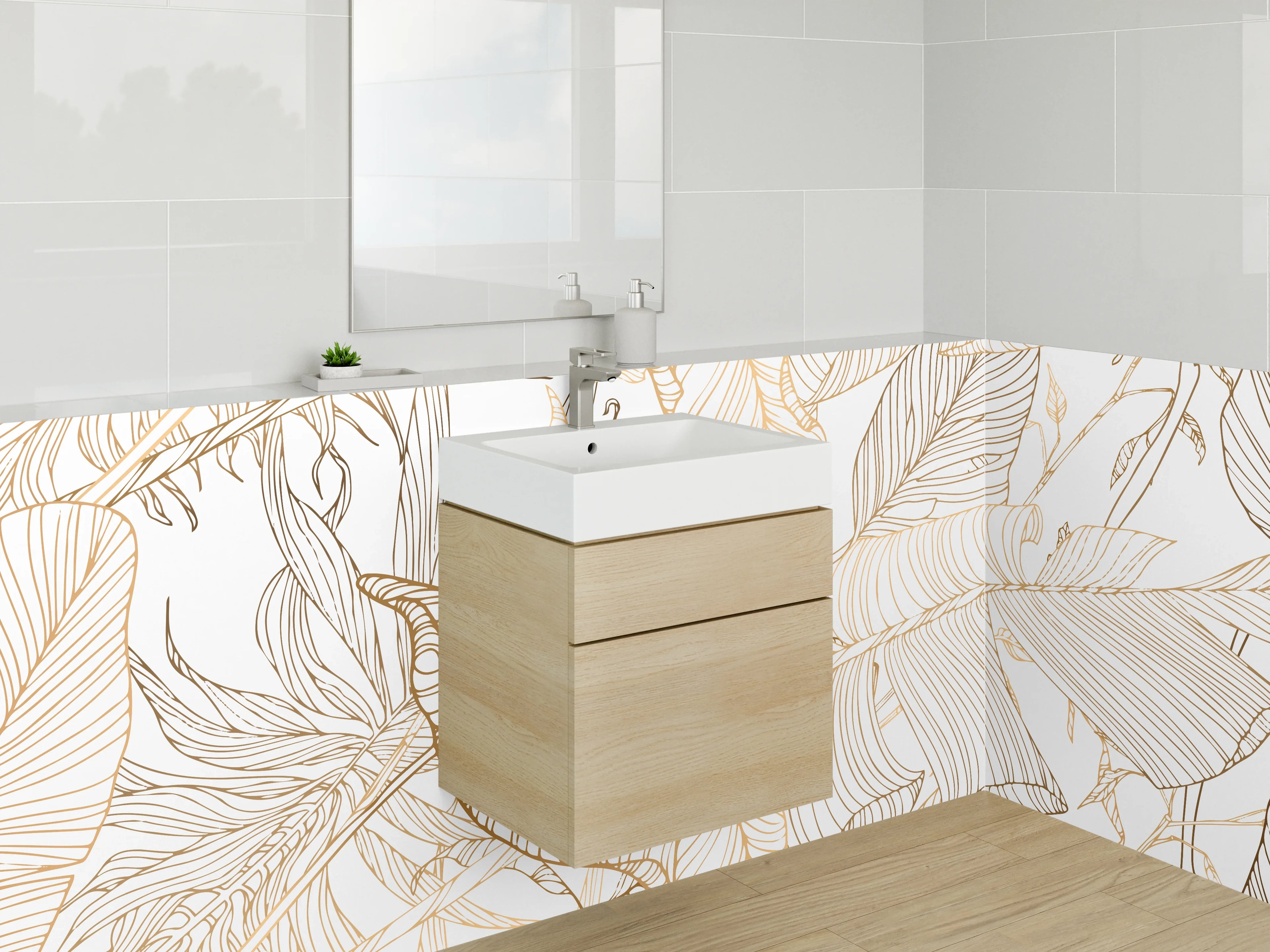 Waschbecken-Rückwand - Goldene Lineart Blätter Muster