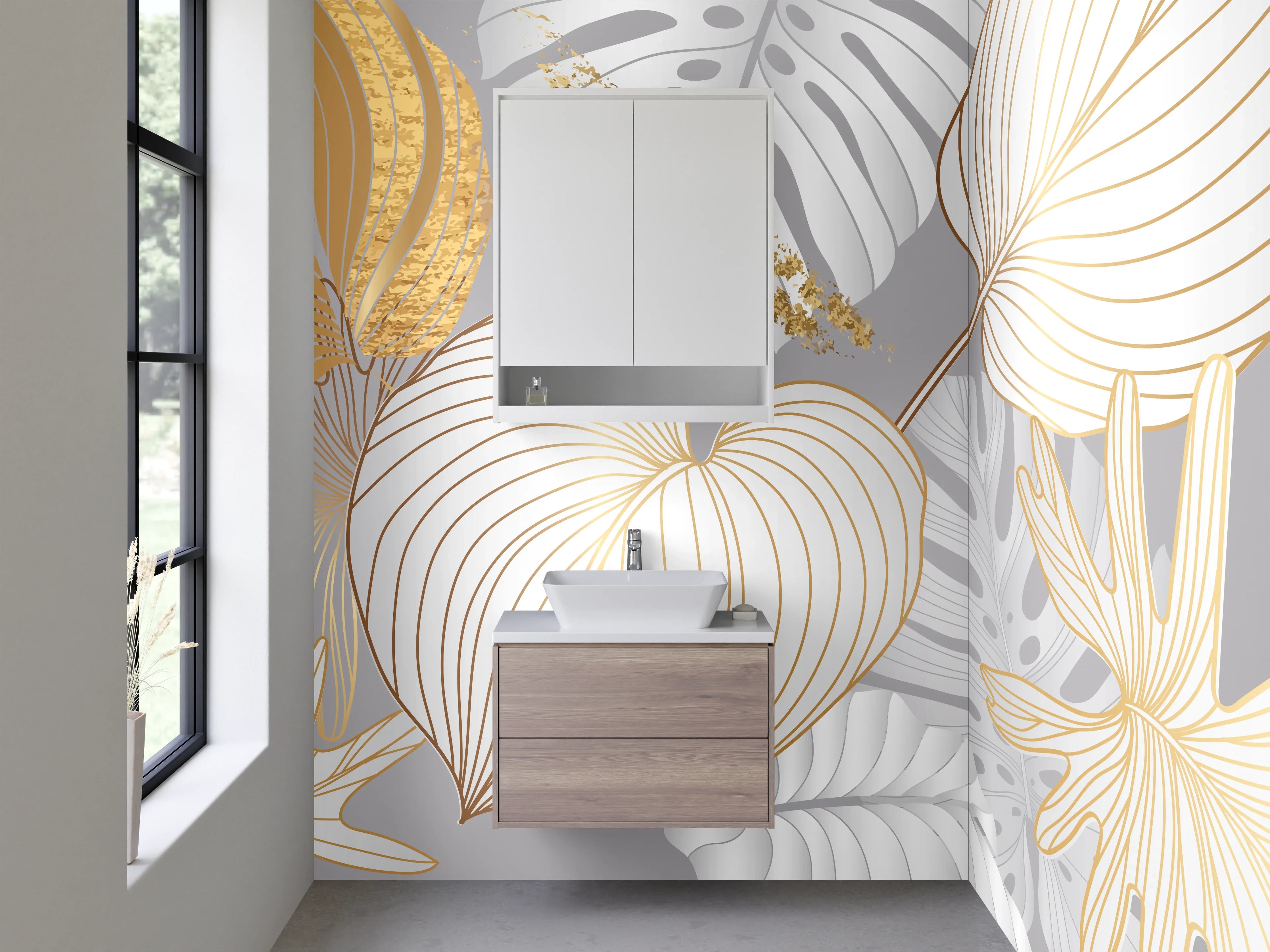 Waschbecken-Rückwand - Goldene Lineart Blätter auf Grau