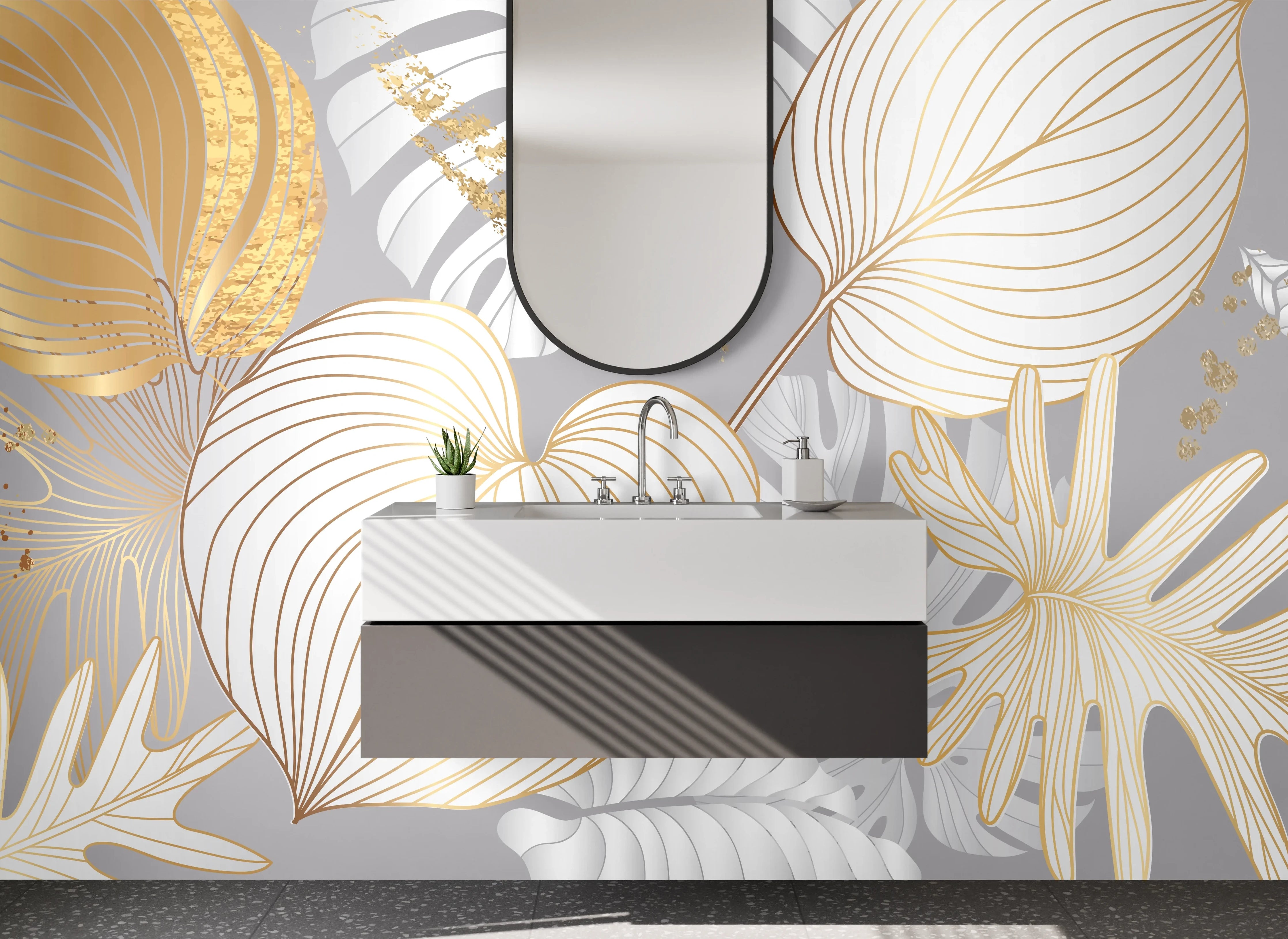 Waschbecken-Rückwand - Goldene Lineart Blätter auf Grau