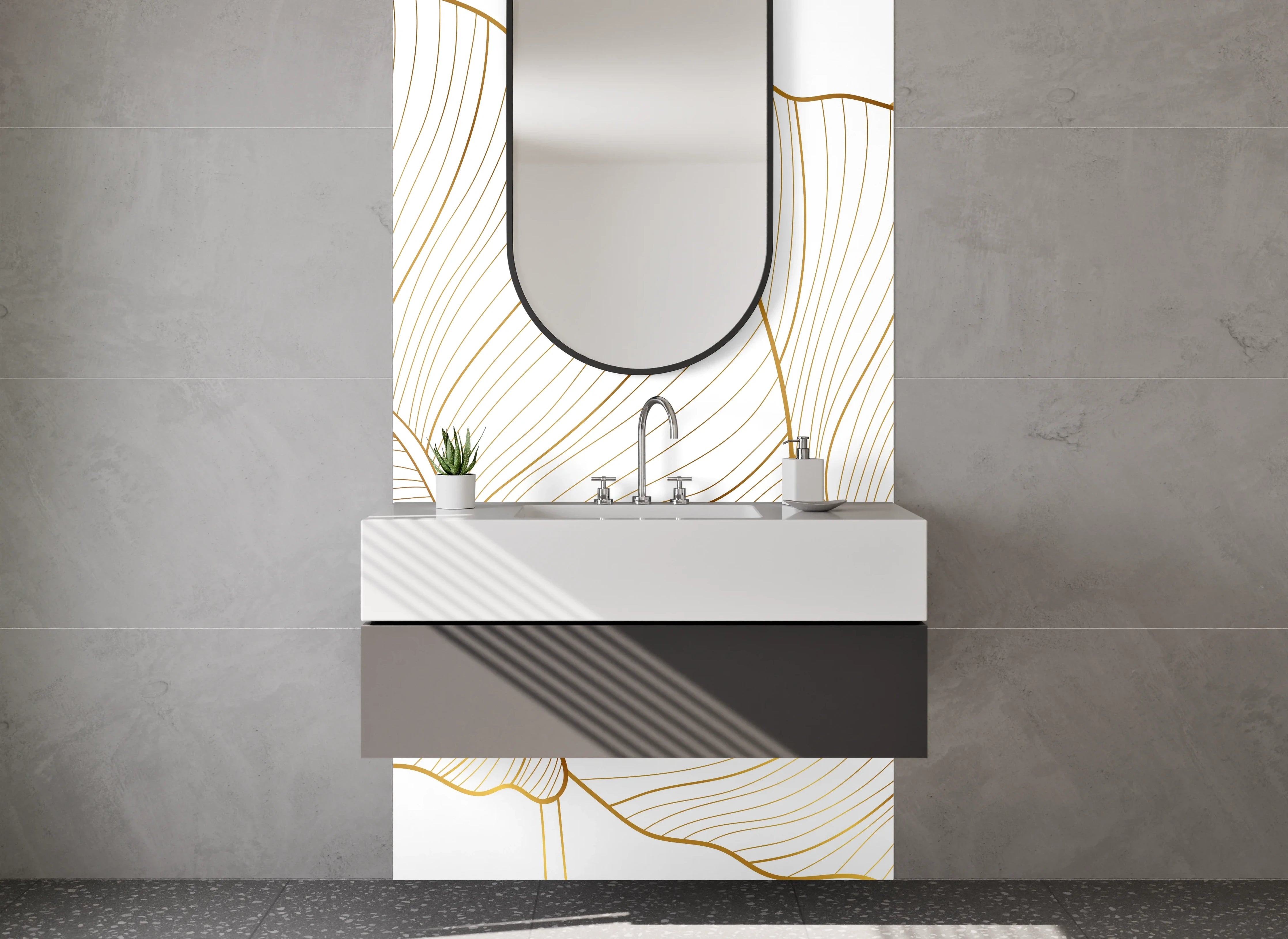 Waschbecken-Rückwand - Goldene Lineart-Blätter auf Weiß