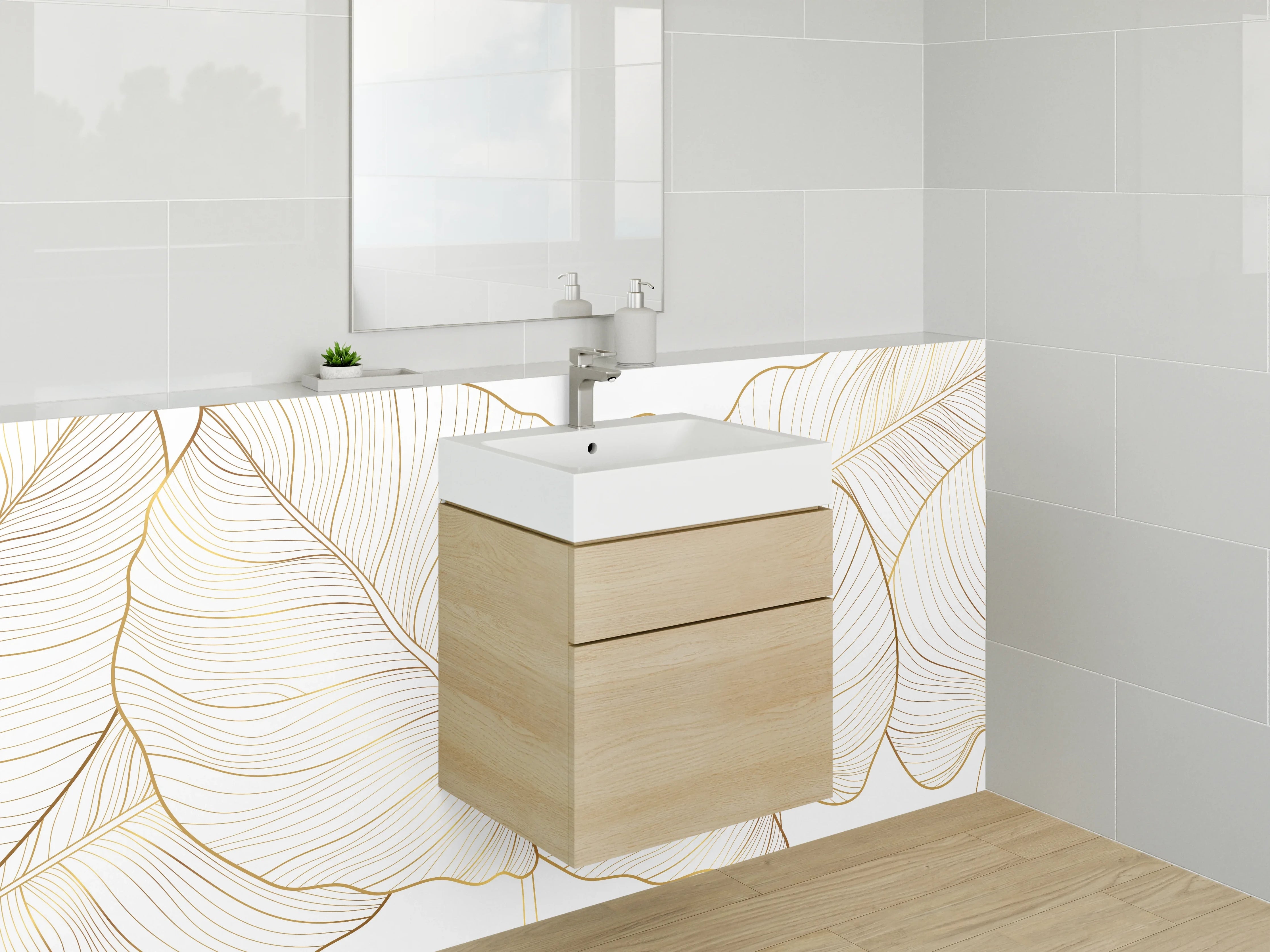 Waschbecken-Rückwand - Goldene Lineart-Blätter auf Weiß