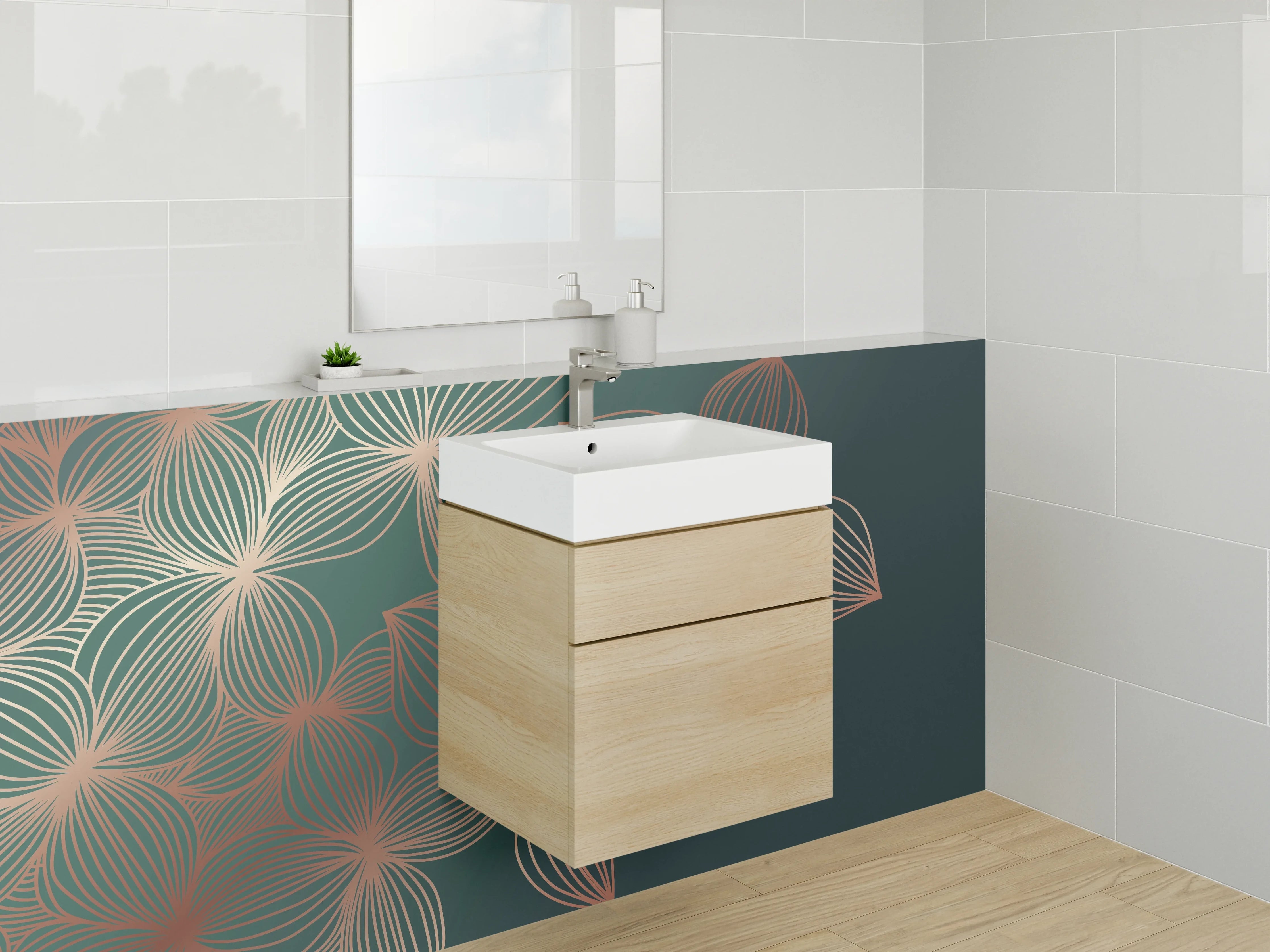 Waschbecken-Rückwand - Goldene Lineart-Blüten auf Grün