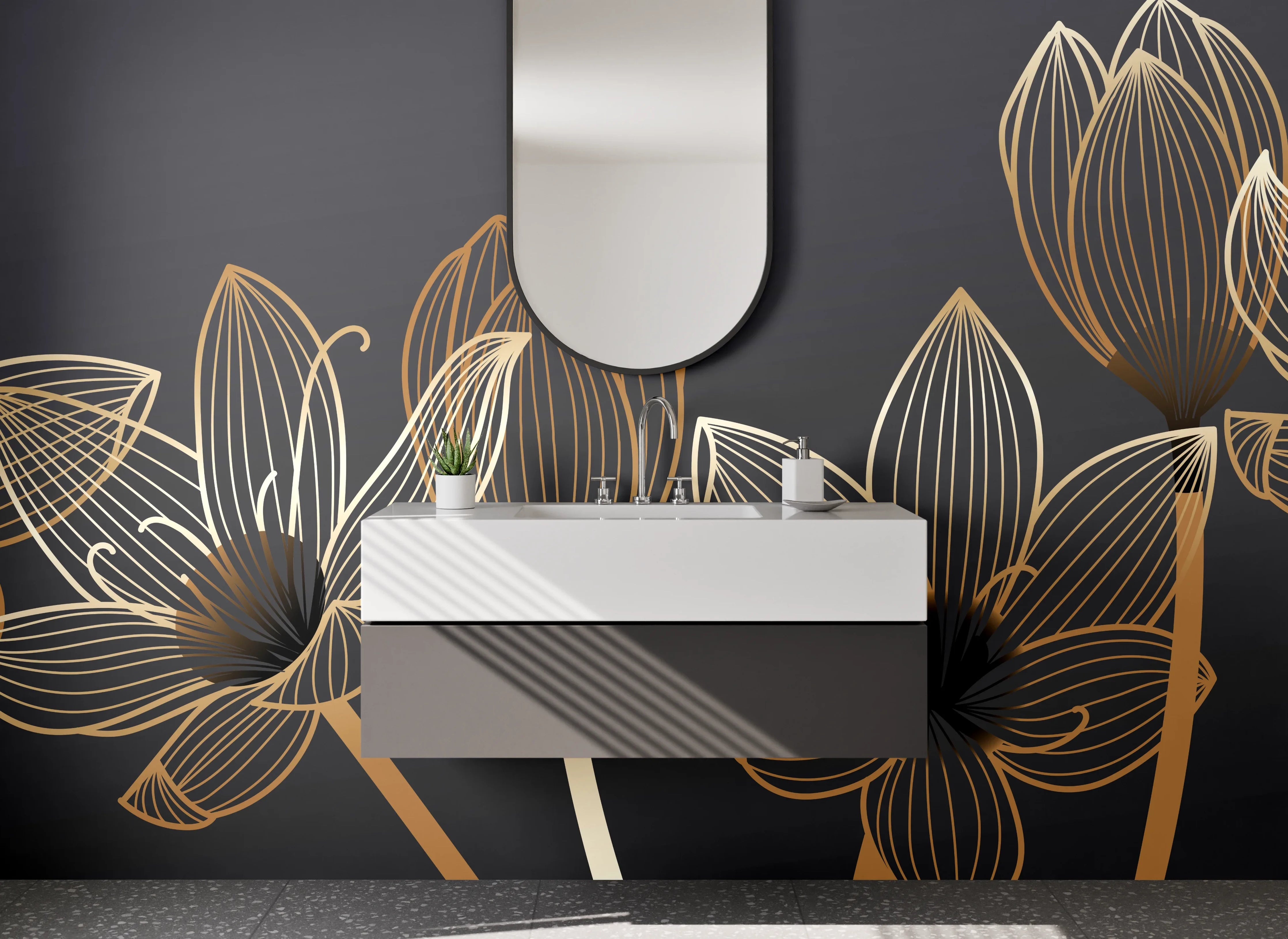Waschbecken-Rückwand - Goldene Lineart-Lotusblumen auf Dunkelgrau