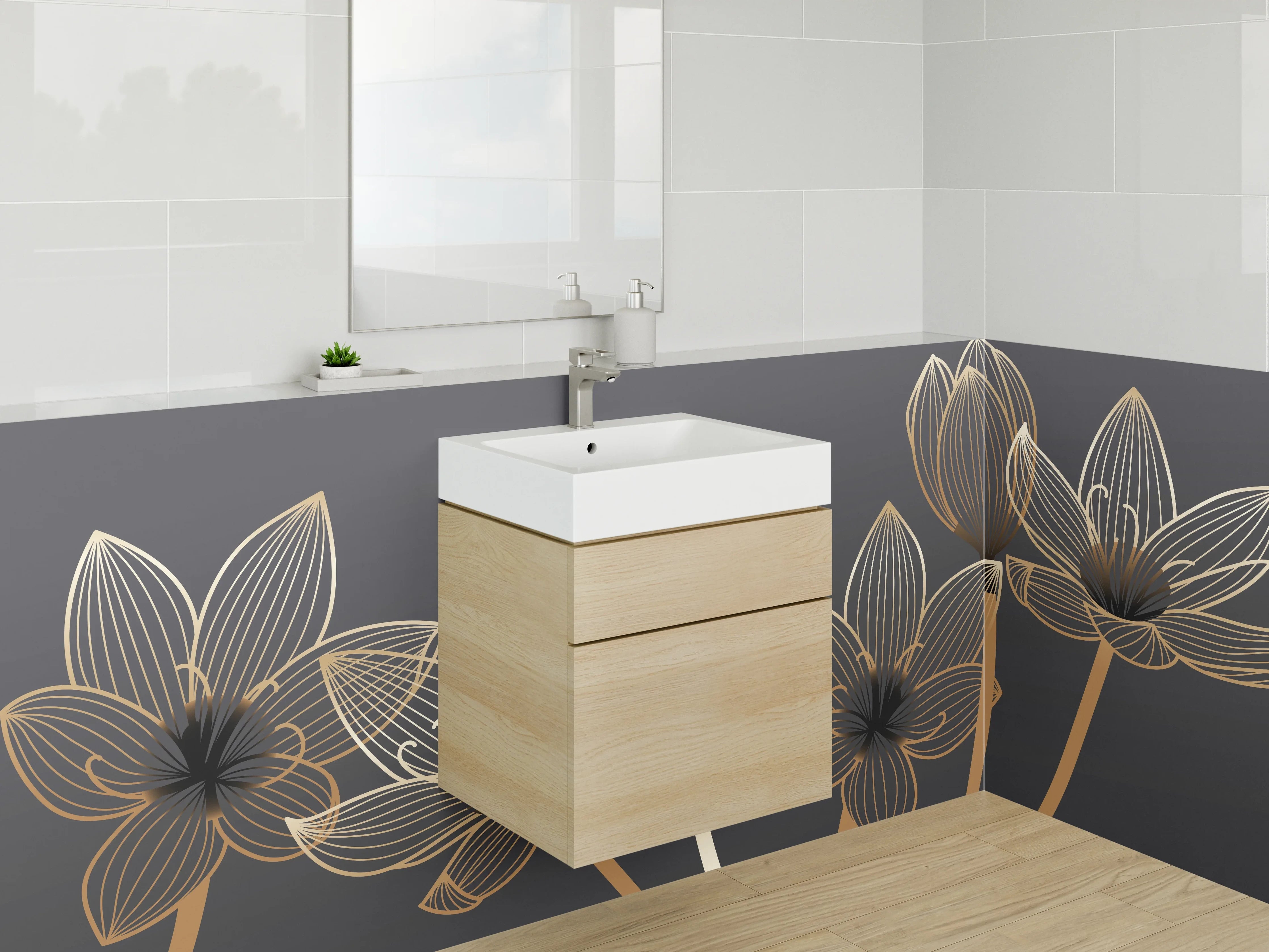 Waschbecken-Rückwand - Goldene Lineart-Lotusblumen auf Dunkelgrau