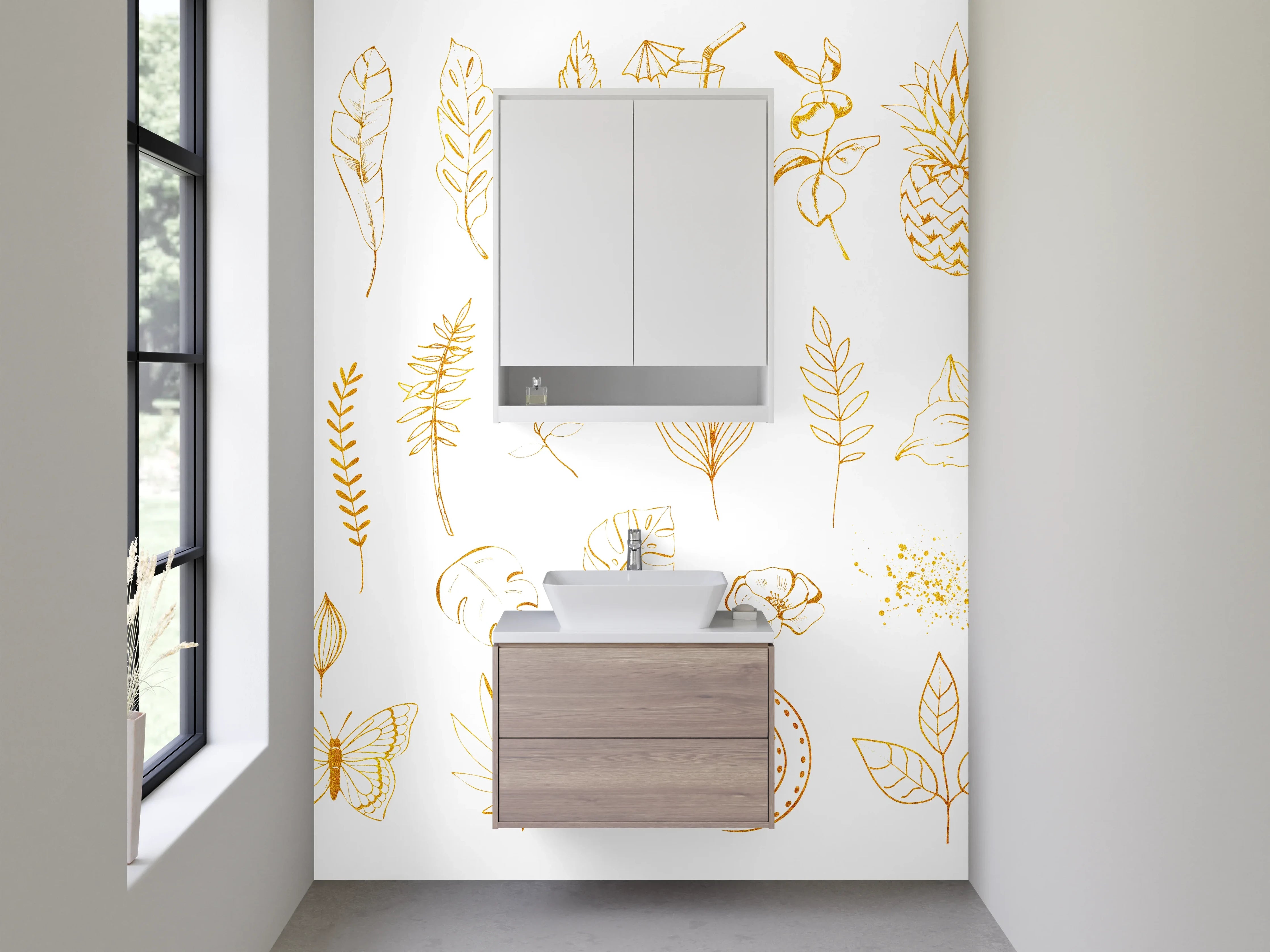 Waschbecken-Rückwand - Goldene Lineart Tropisch Blätter Früchte