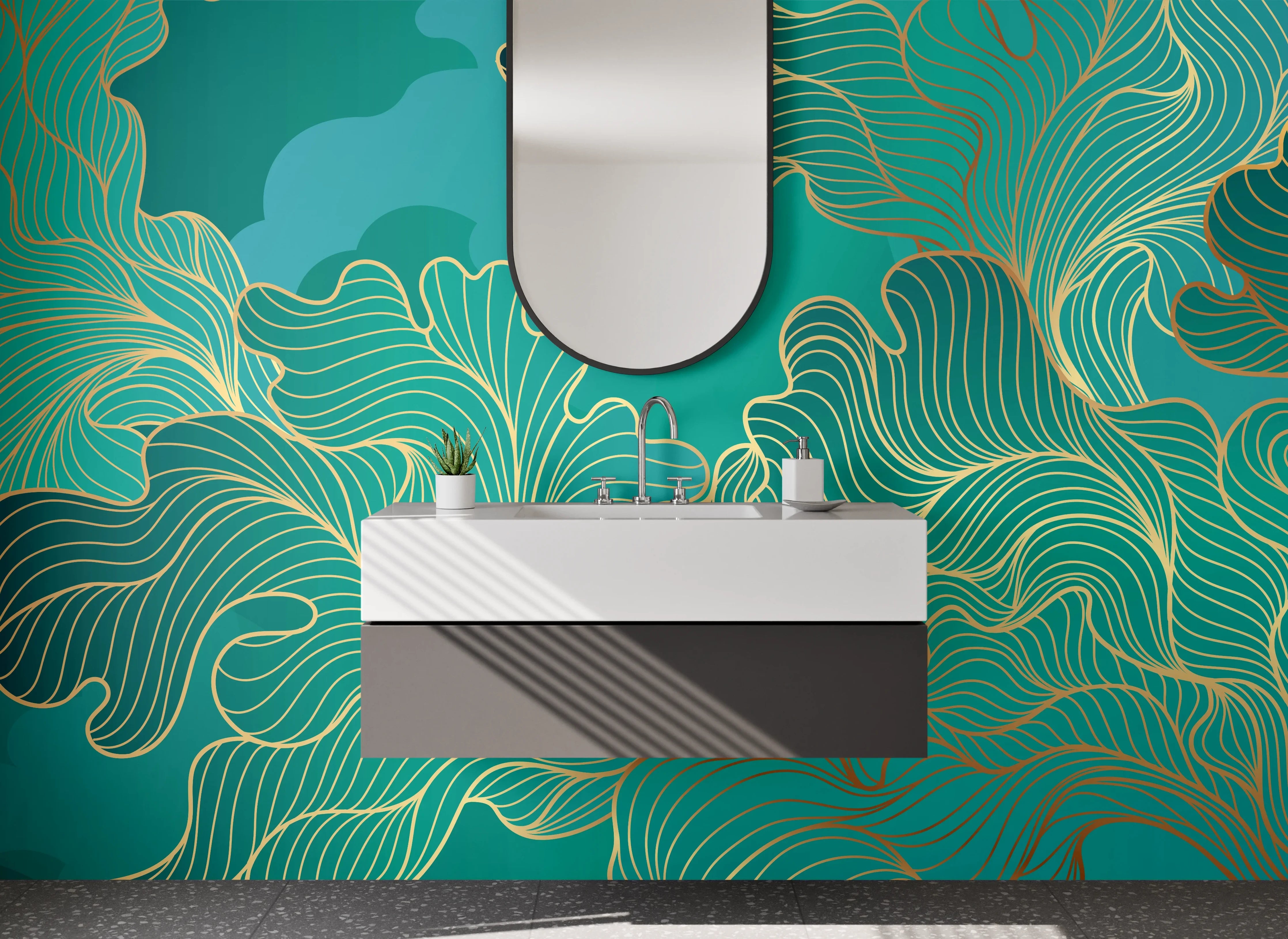 Waschbecken-Rückwand - Goldene Lineart auf Türkisgrün
