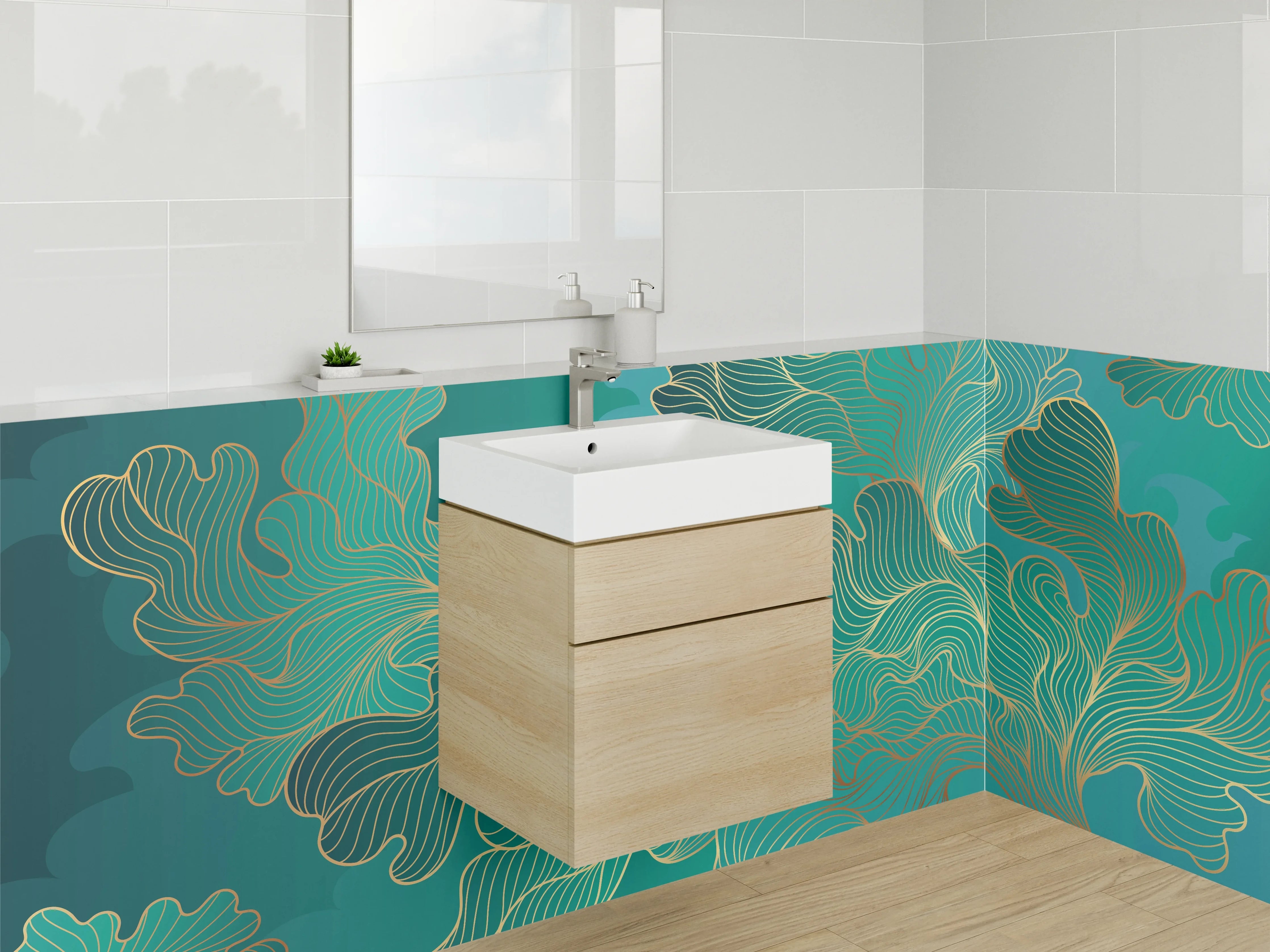 Waschbecken-Rückwand - Goldene Lineart auf Türkisgrün