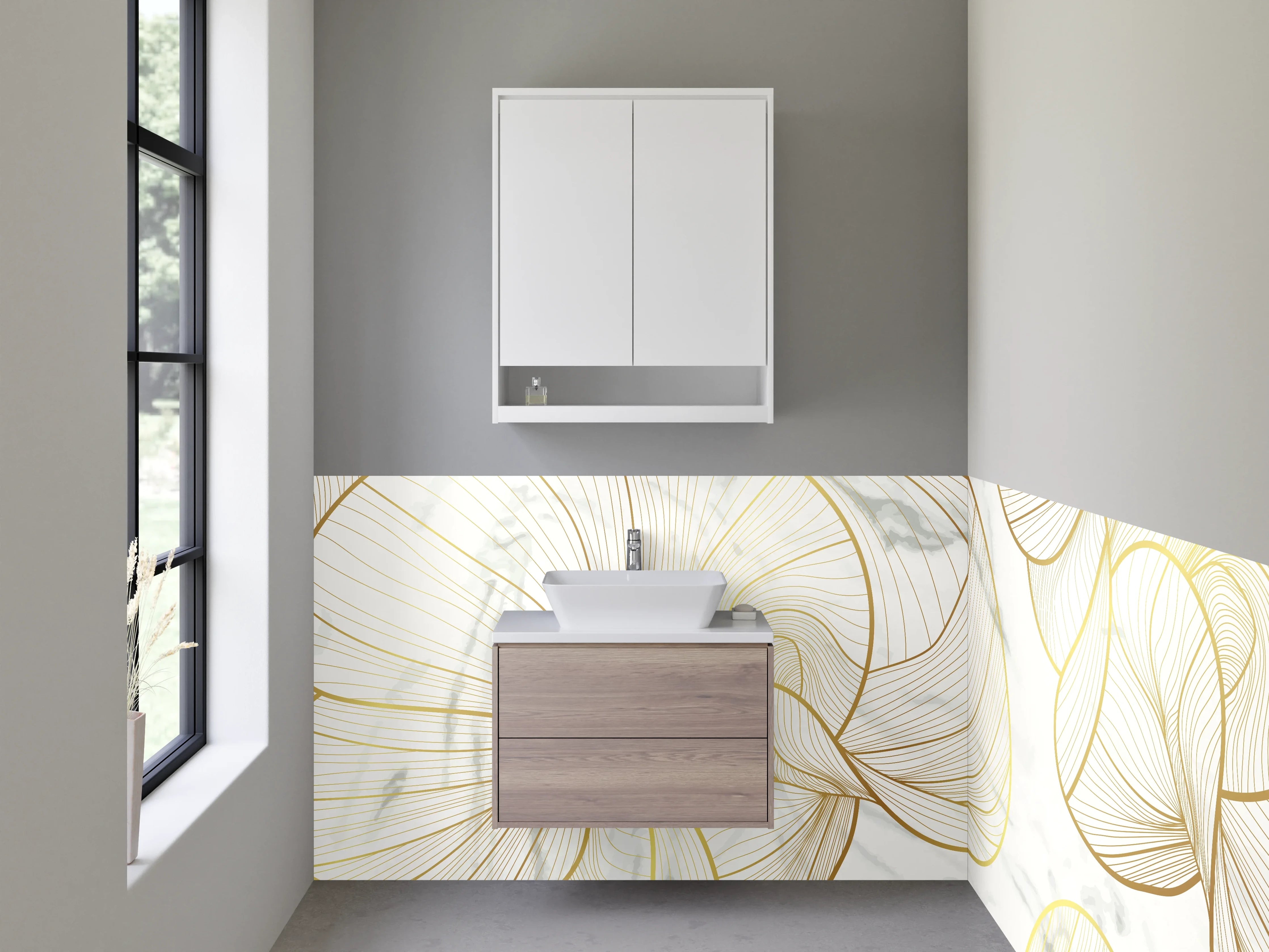 Waschbecken-Rückwand - Goldene Lineart auf weißem Marmor