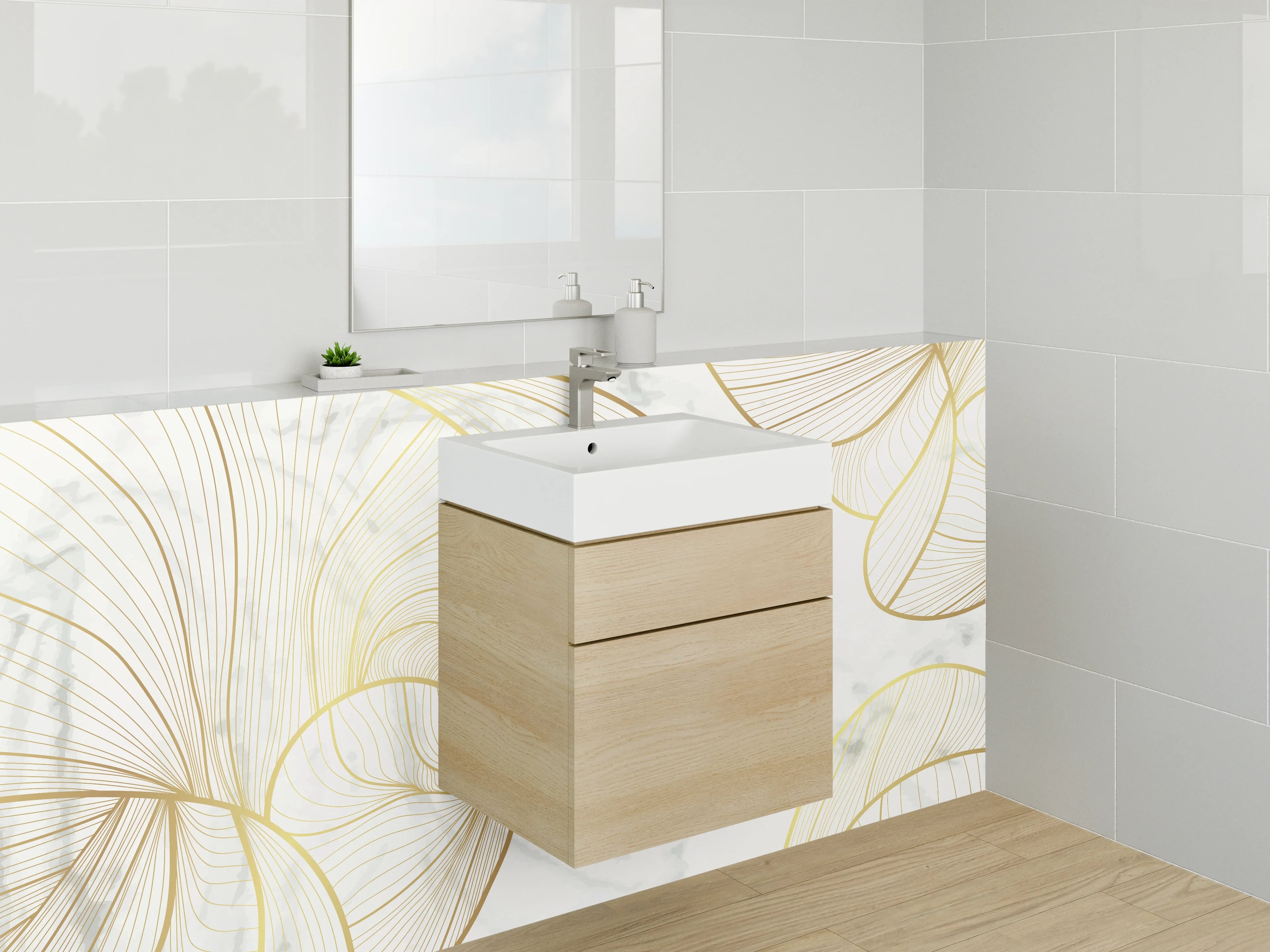 Waschbecken-Rückwand - Goldene Lineart auf weißem Marmor