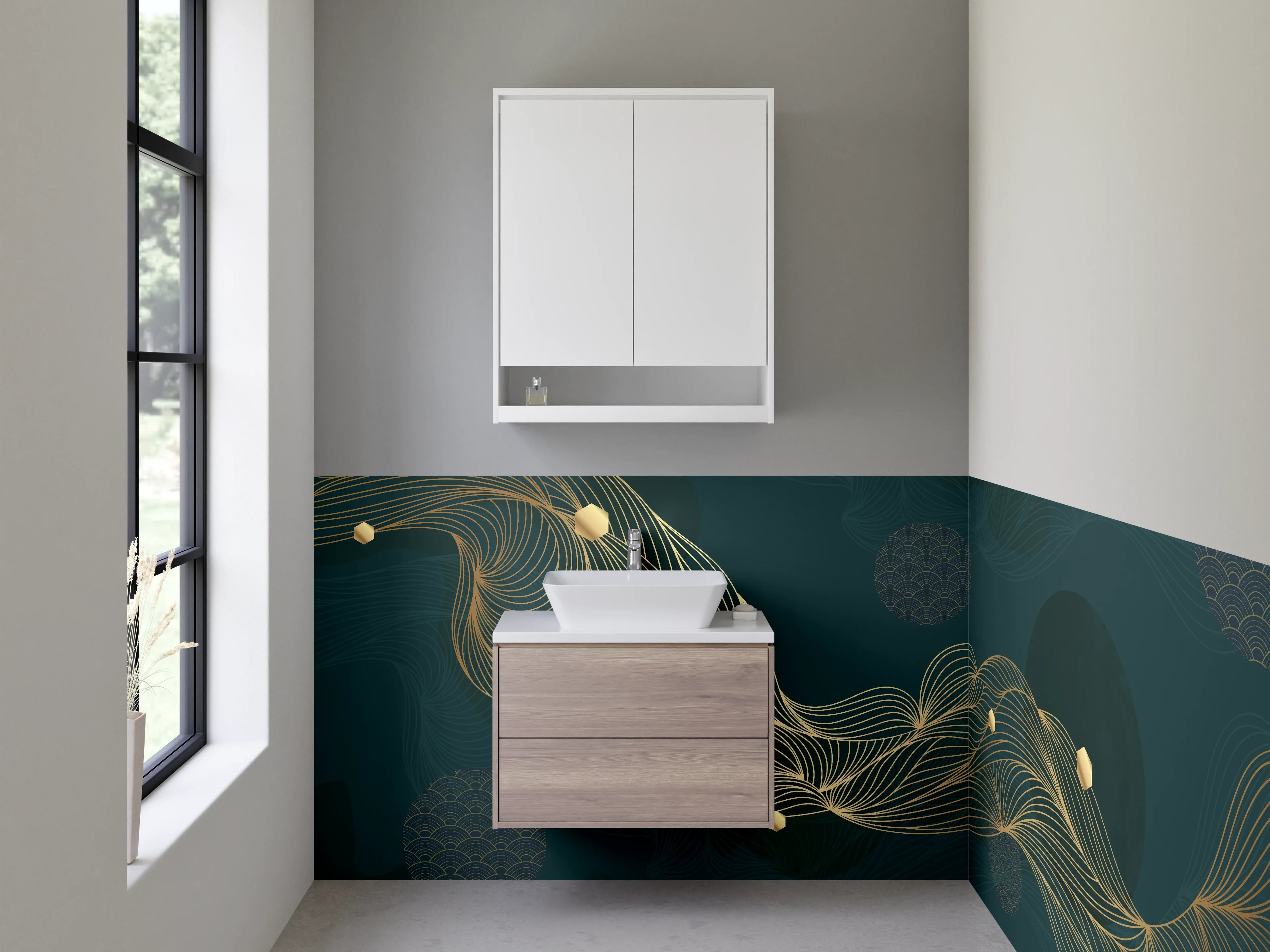 Waschbecken-Rückwand - Goldene Linien auf dunklem Untergrund