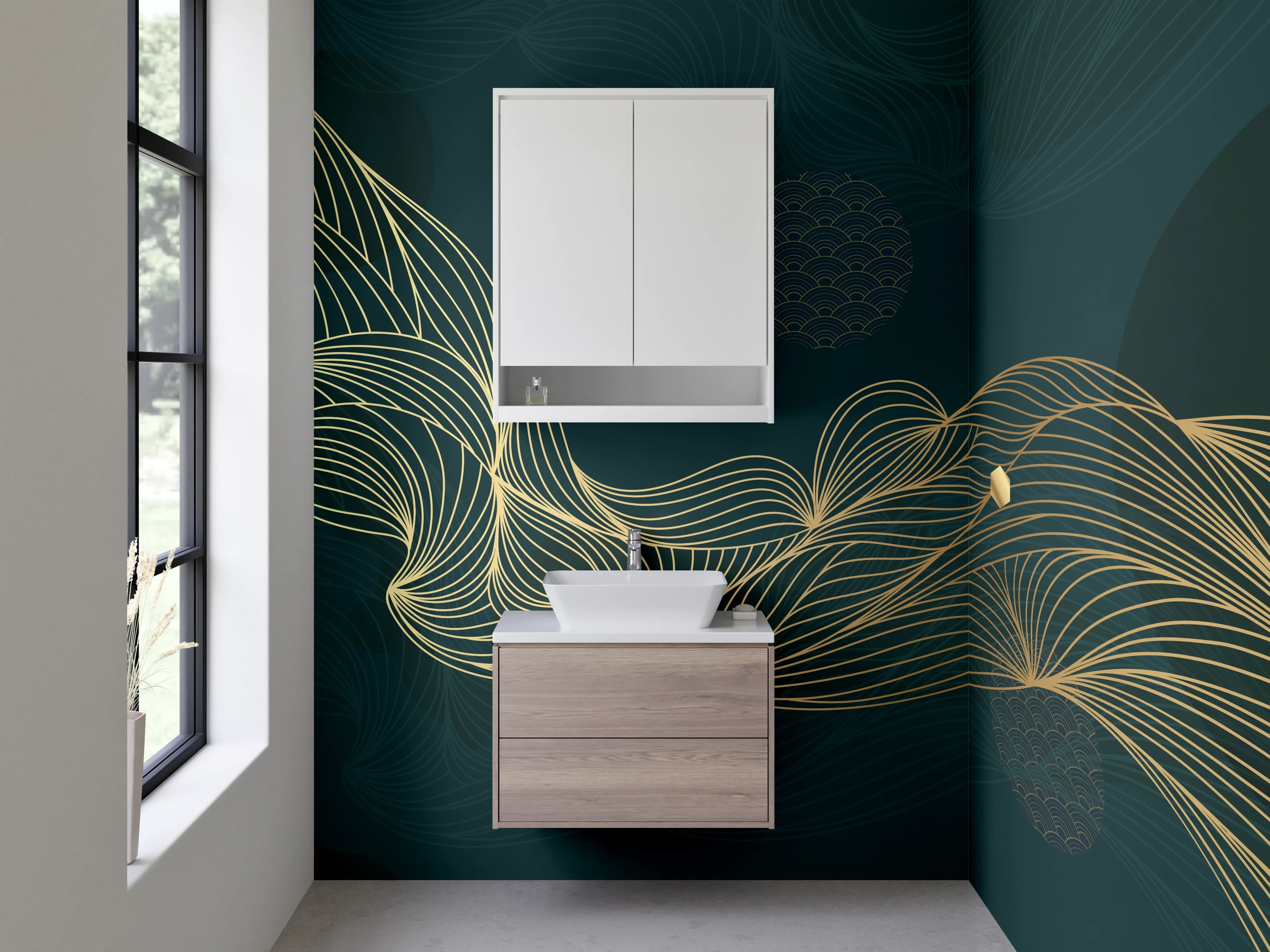 Waschbecken-Rückwand - Goldene Linien auf dunklem Untergrund