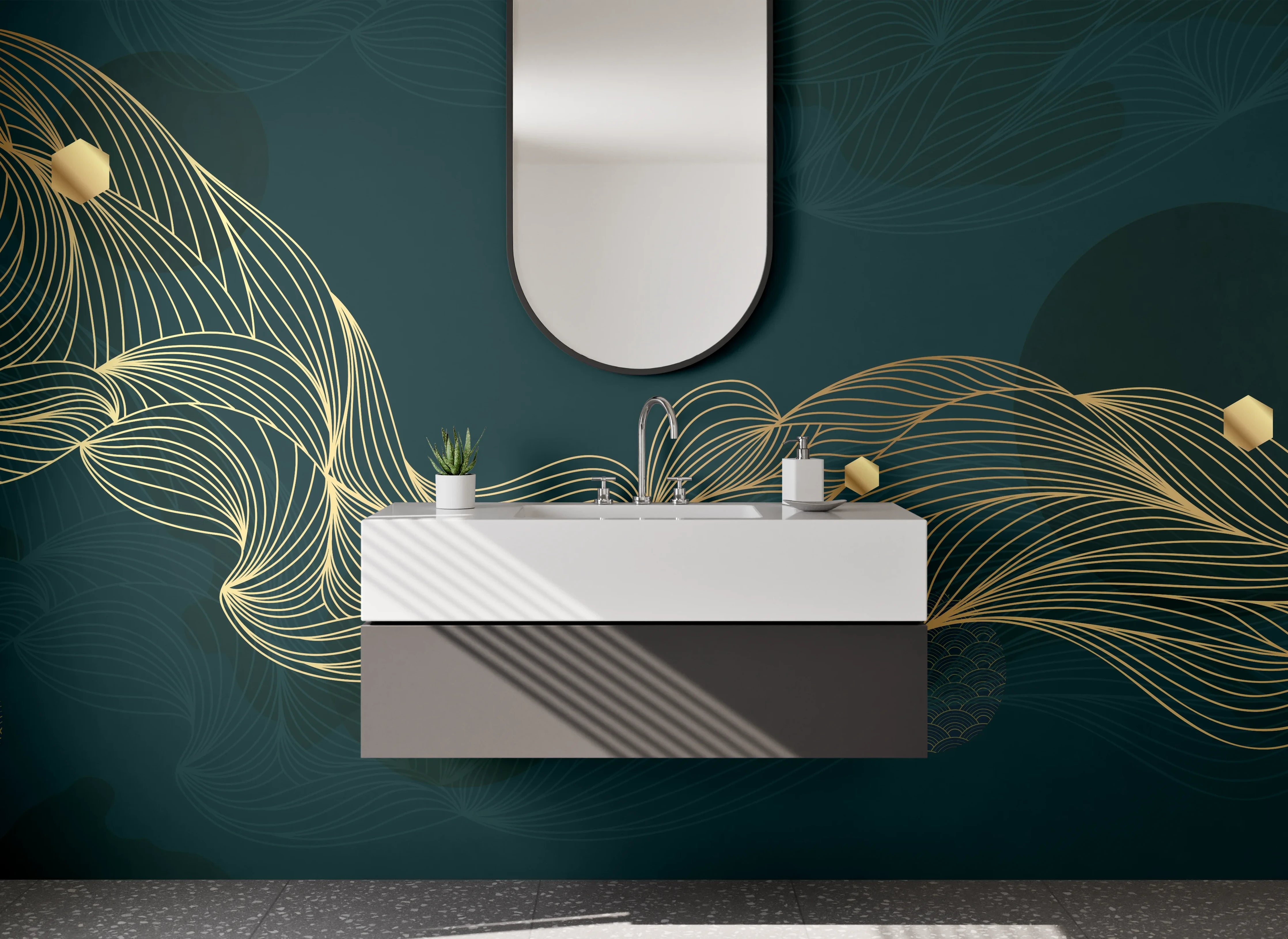 Waschbecken-Rückwand - Goldene Linien auf dunklem Untergrund