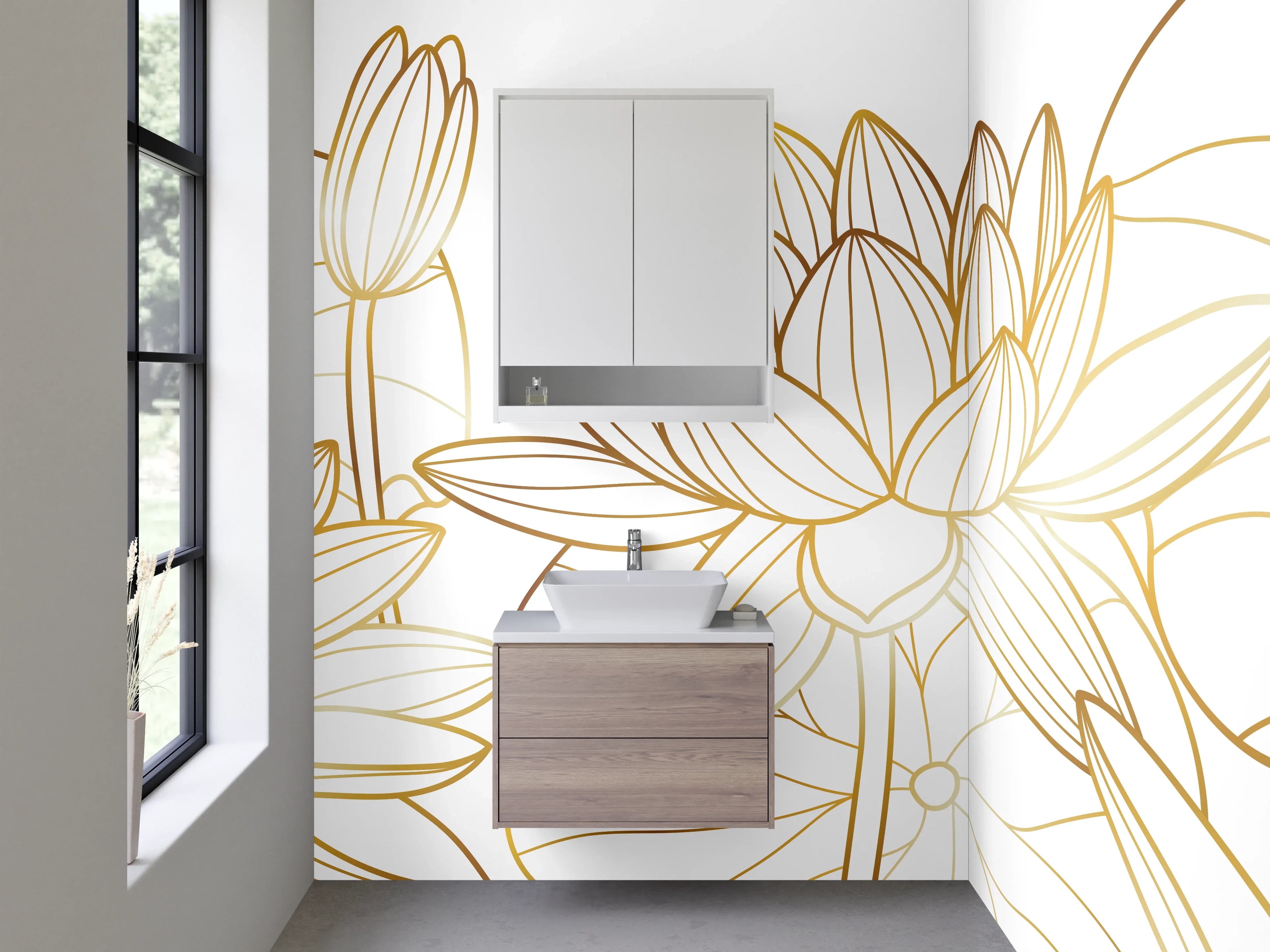 Waschbecken-Rückwand - Goldene Lotus Lineart Blumen
