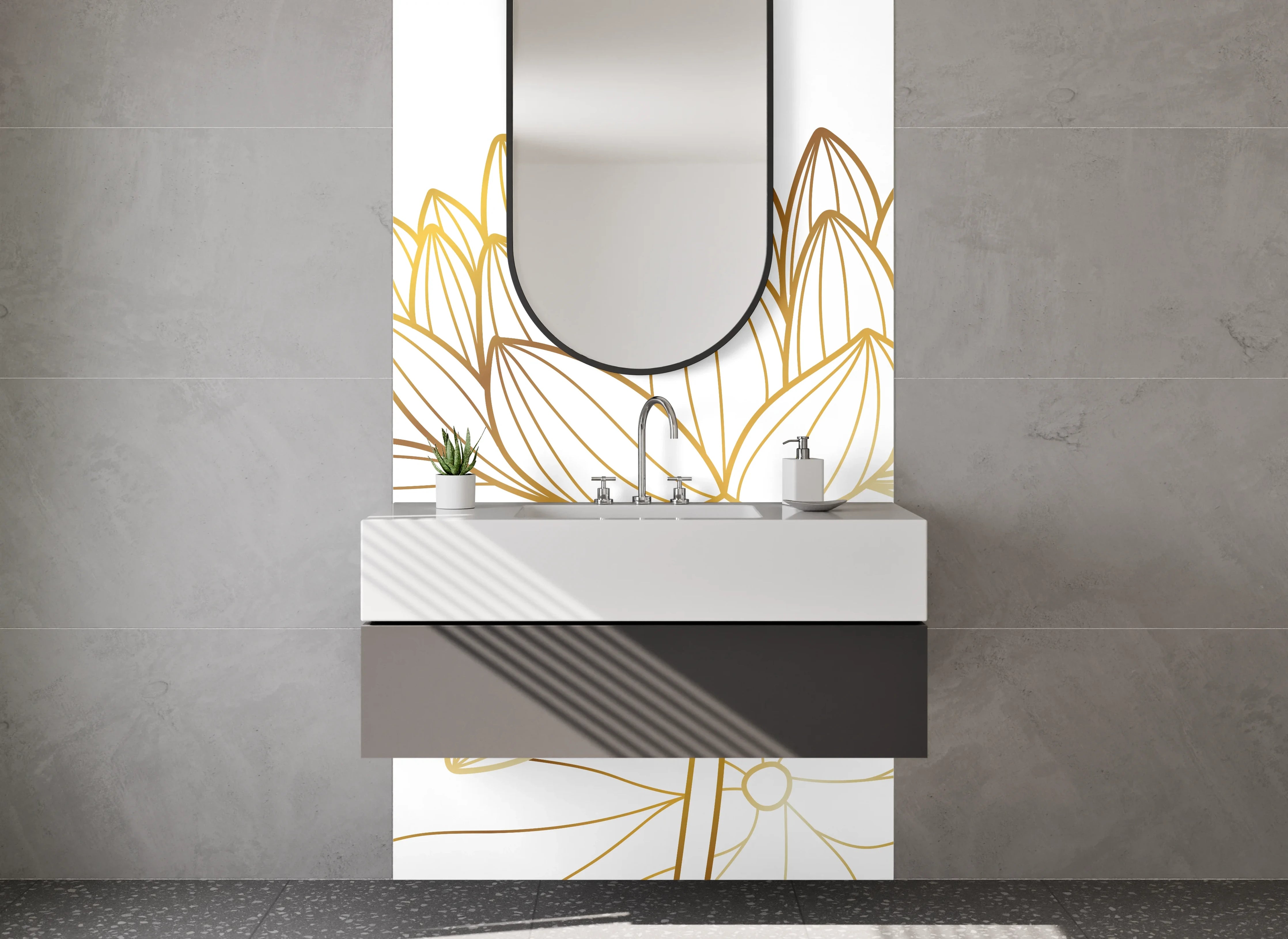 Waschbecken-Rückwand - Goldene Lotus Lineart Blumen