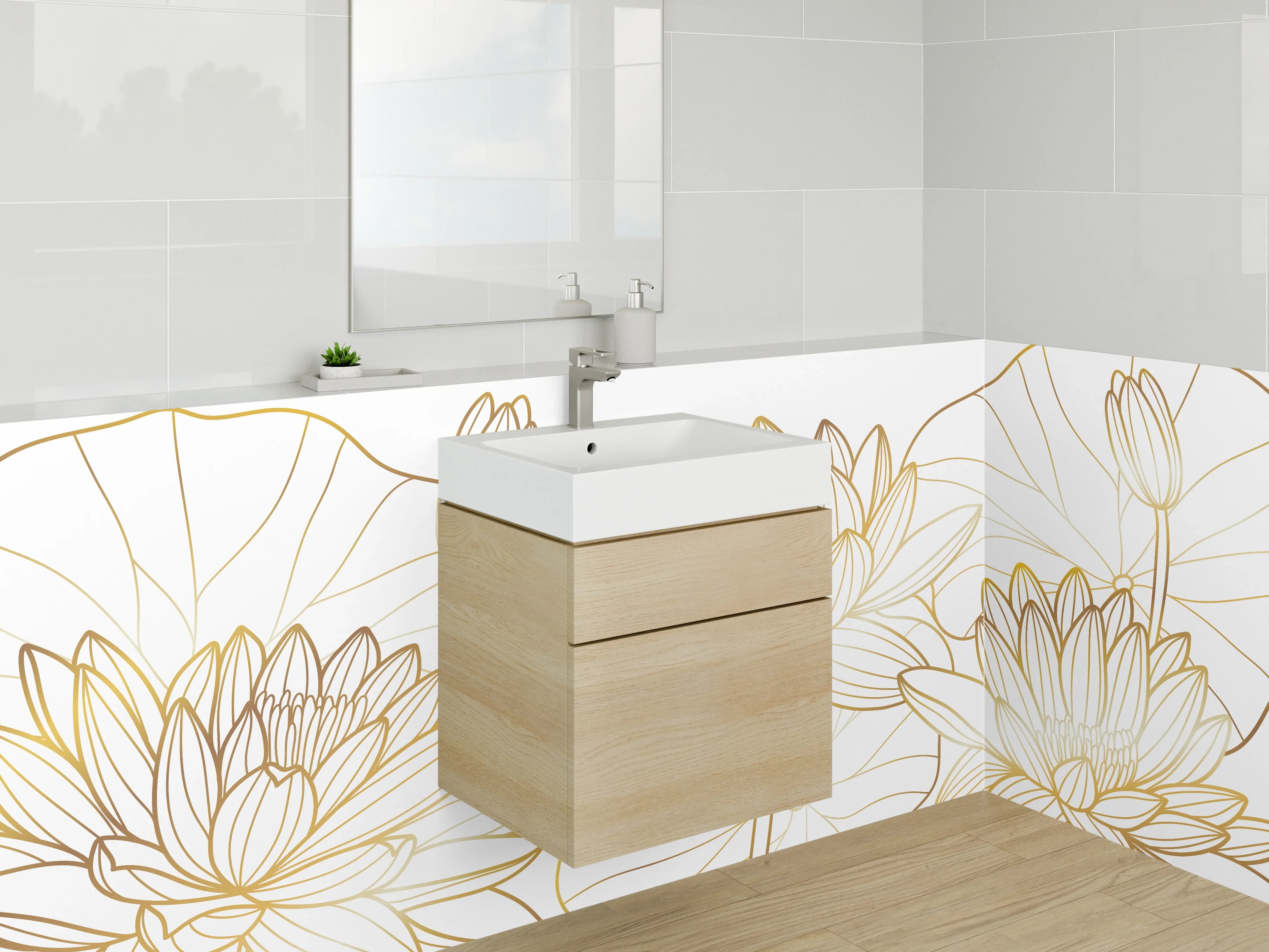 Waschbecken-Rückwand - Goldene Lotus Lineart Blumen