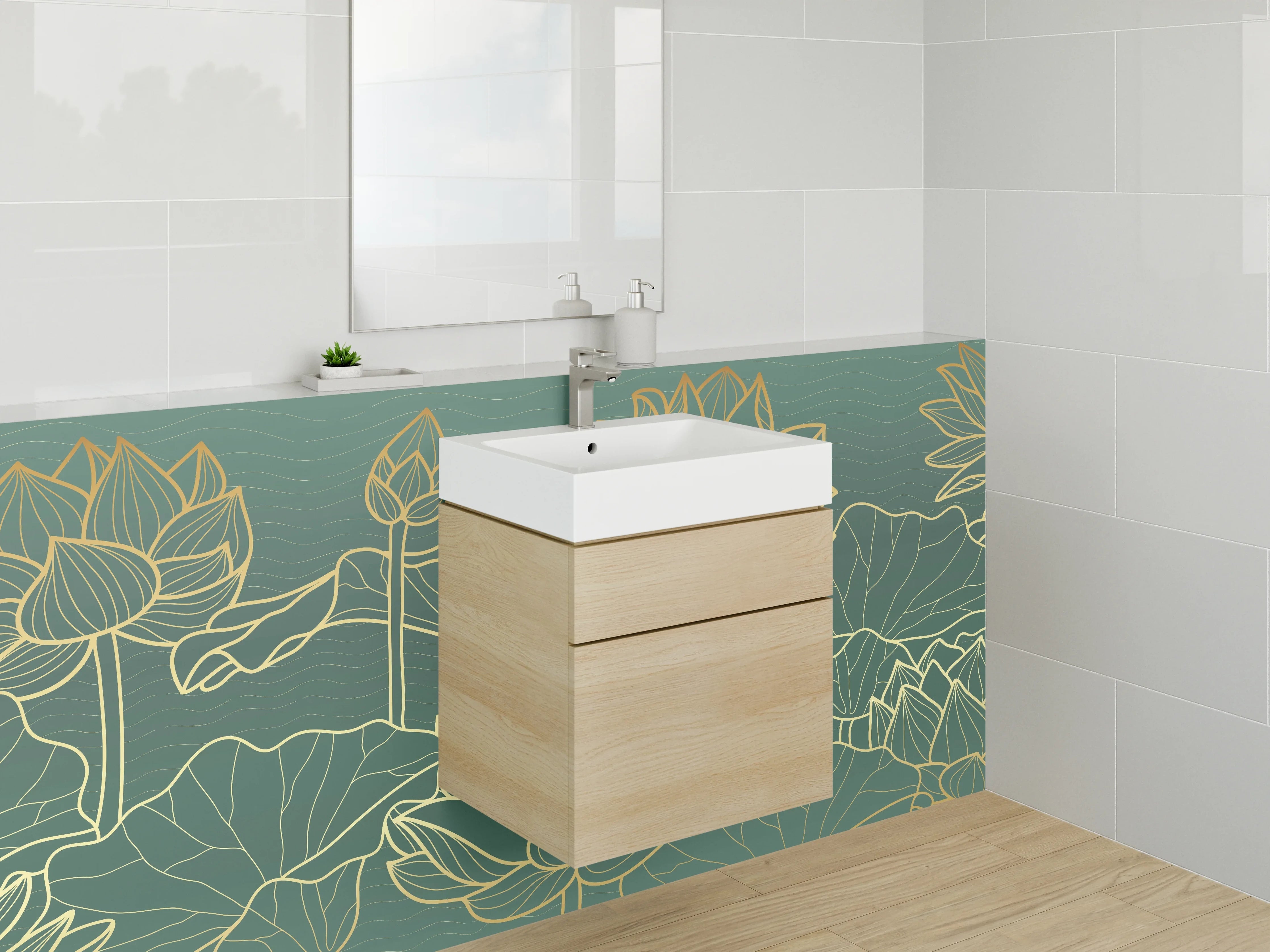 Waschbecken-Rückwand - Goldene Lotus Lineart auf Grün