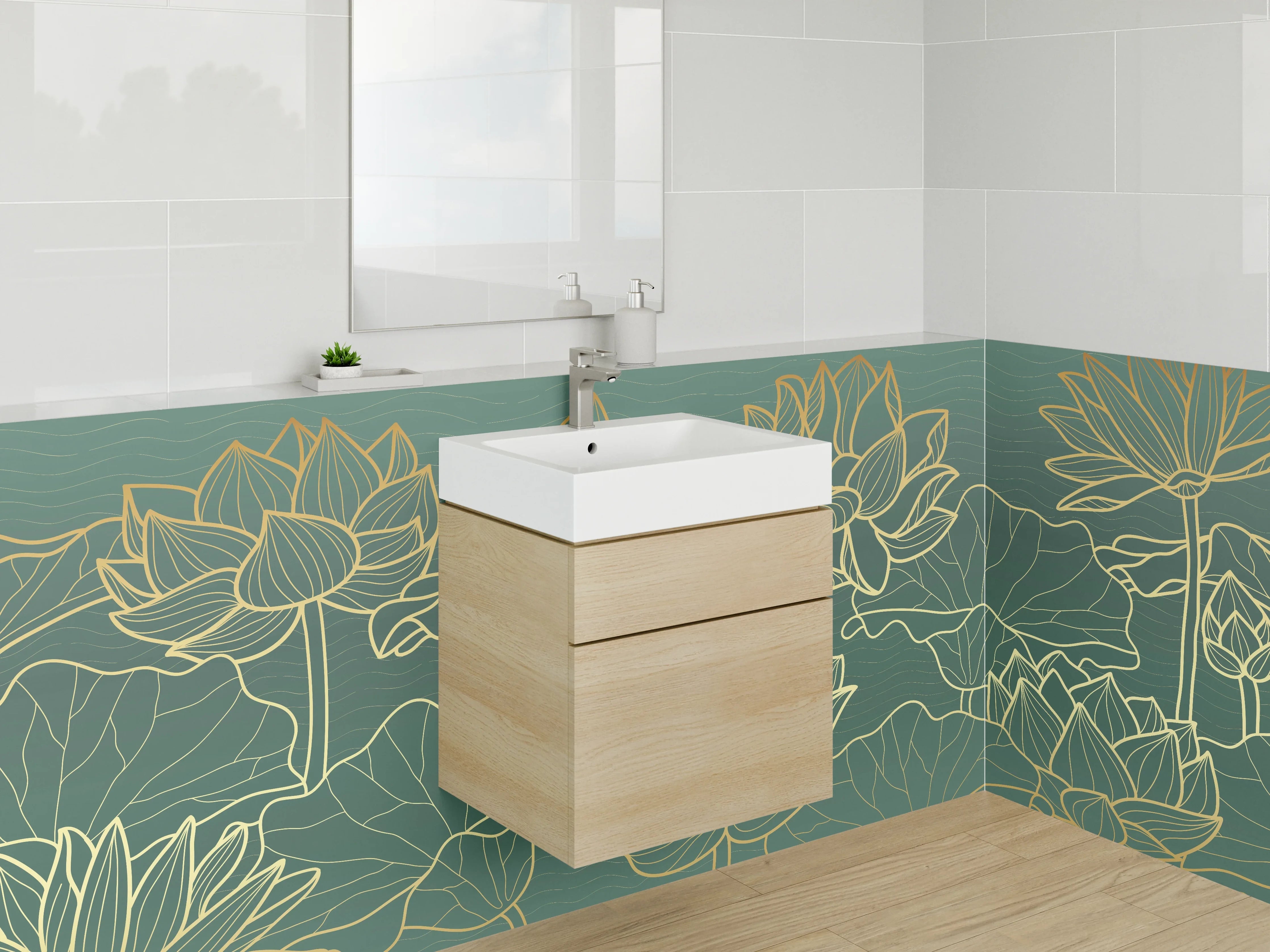 Waschbecken-Rückwand - Goldene Lotus Lineart auf Grün