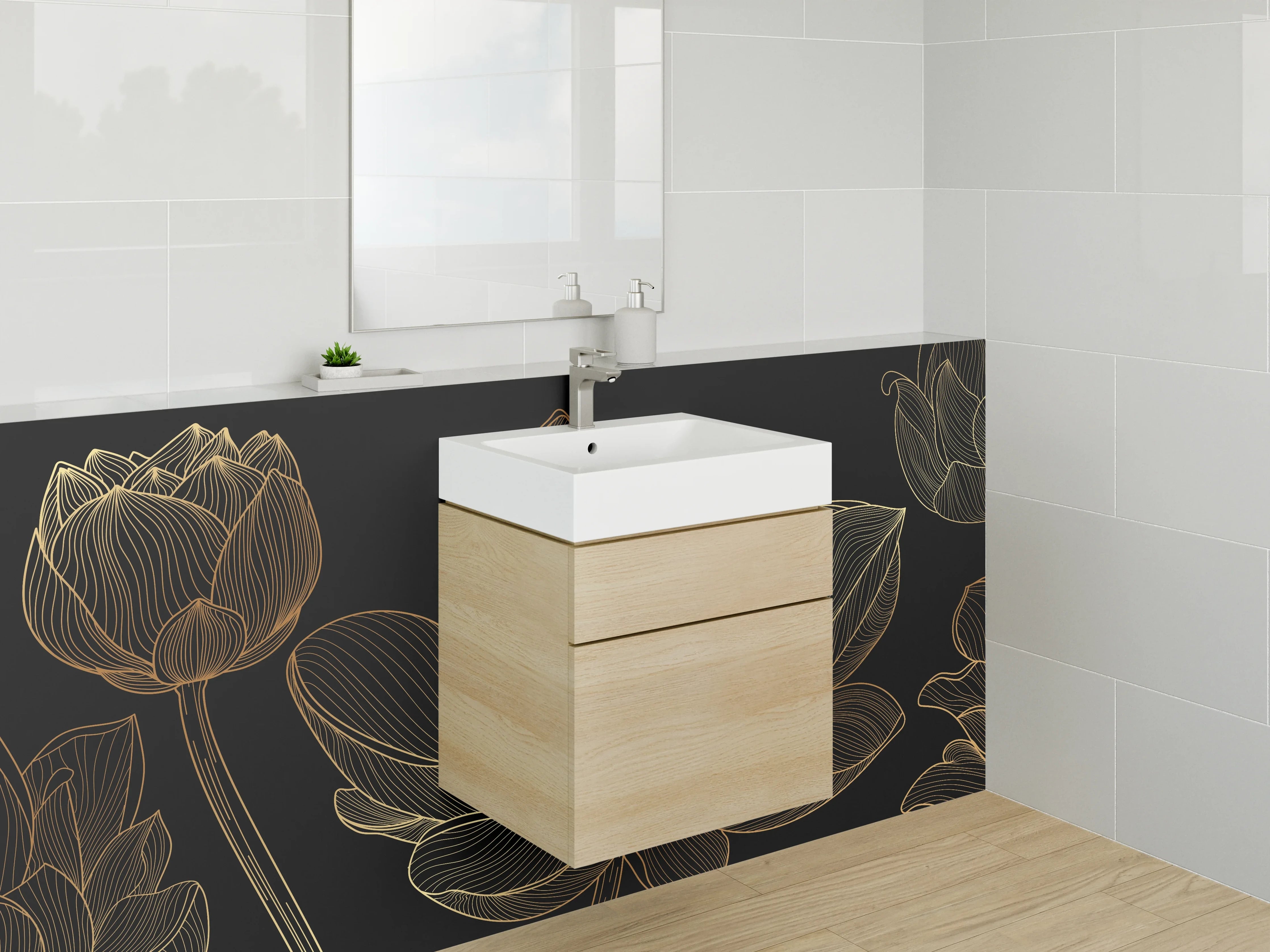 Waschbecken-Rückwand - Goldene Lotus Lineart auf Schwarz
