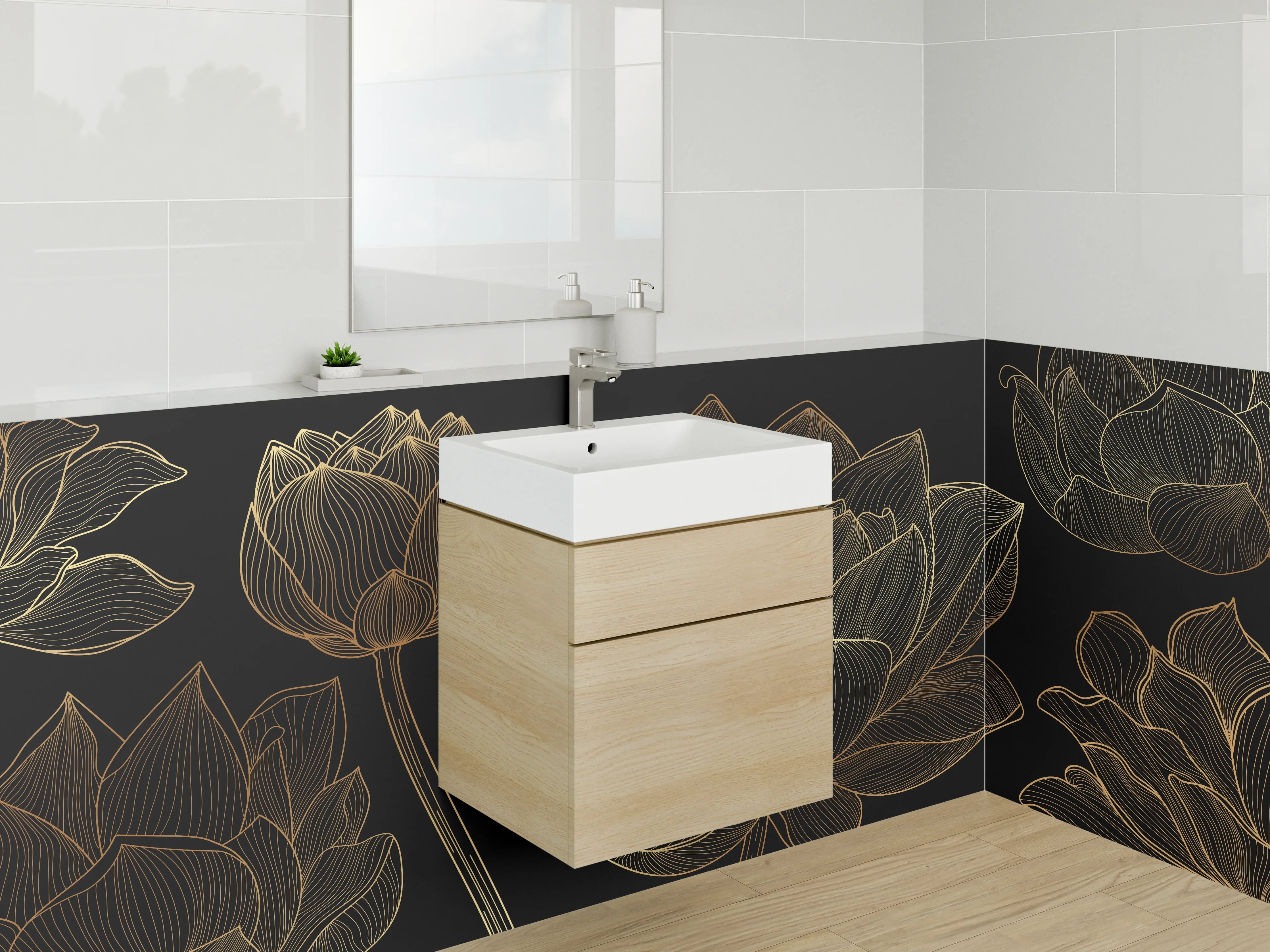 Waschbecken-Rückwand - Goldene Lotus Lineart auf Schwarz