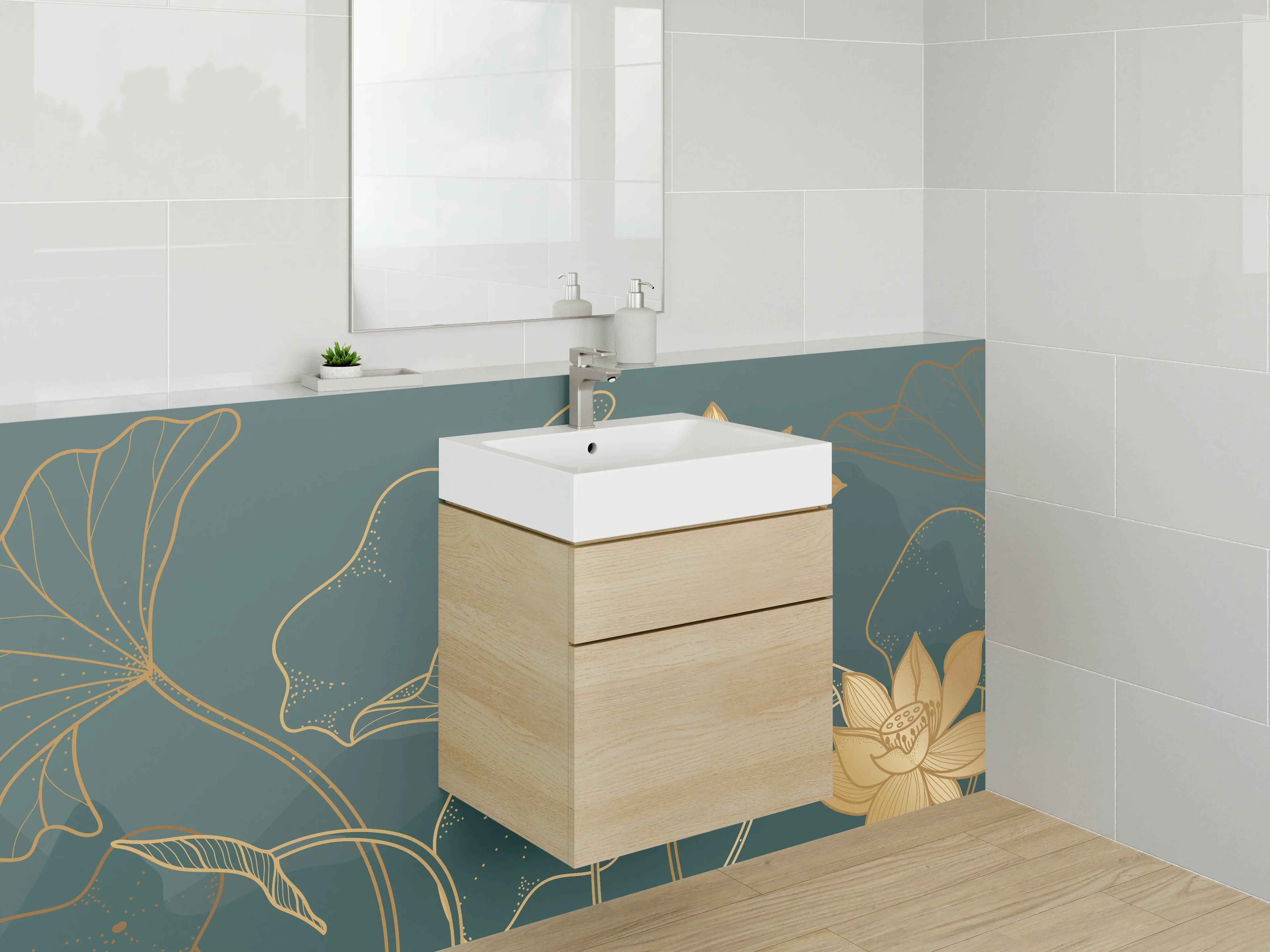 Waschbecken-Rückwand - Goldene Lotusblüten Lineart Illustration