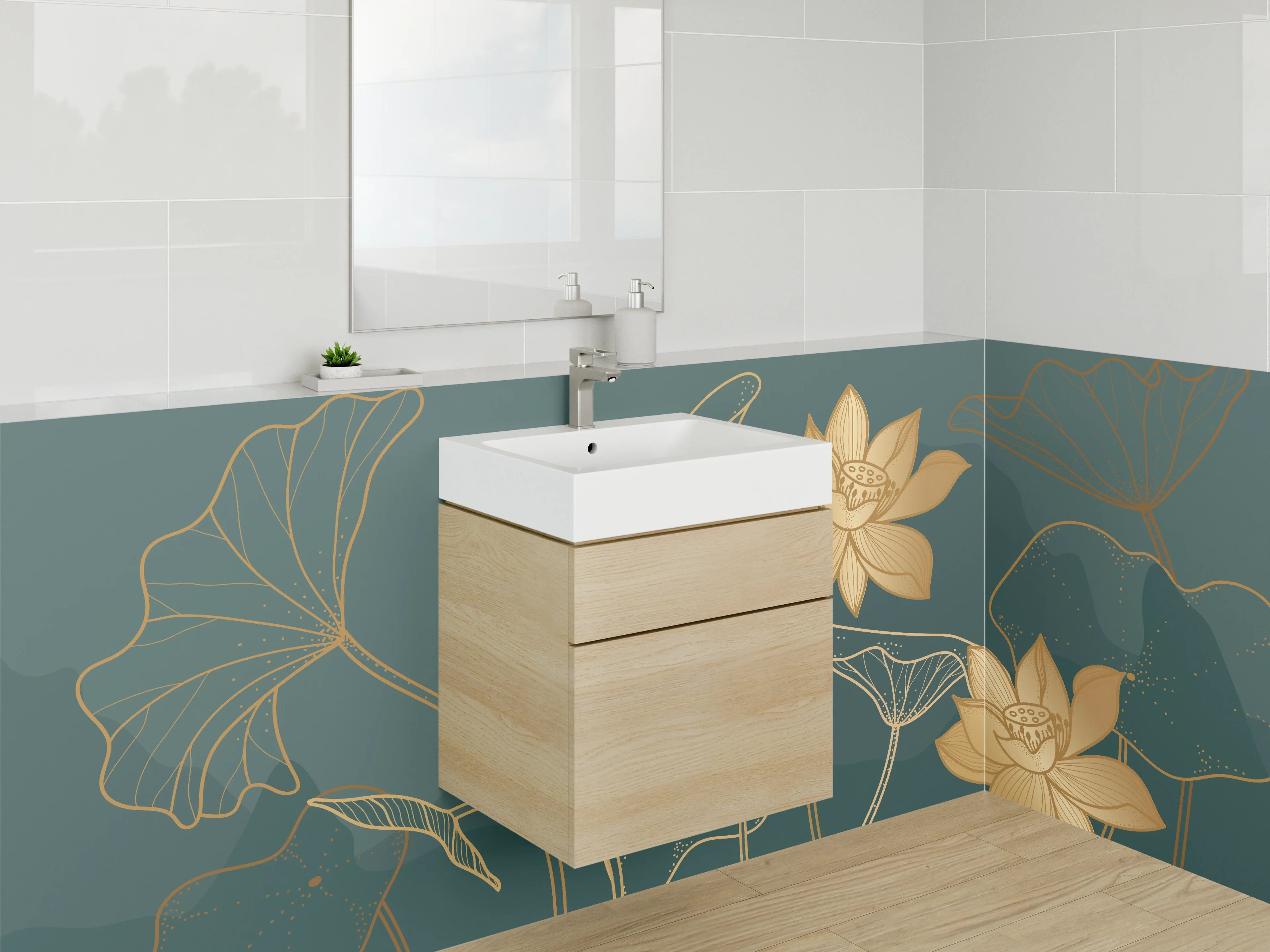 Waschbecken-Rückwand - Goldene Lotusblüten Lineart Illustration