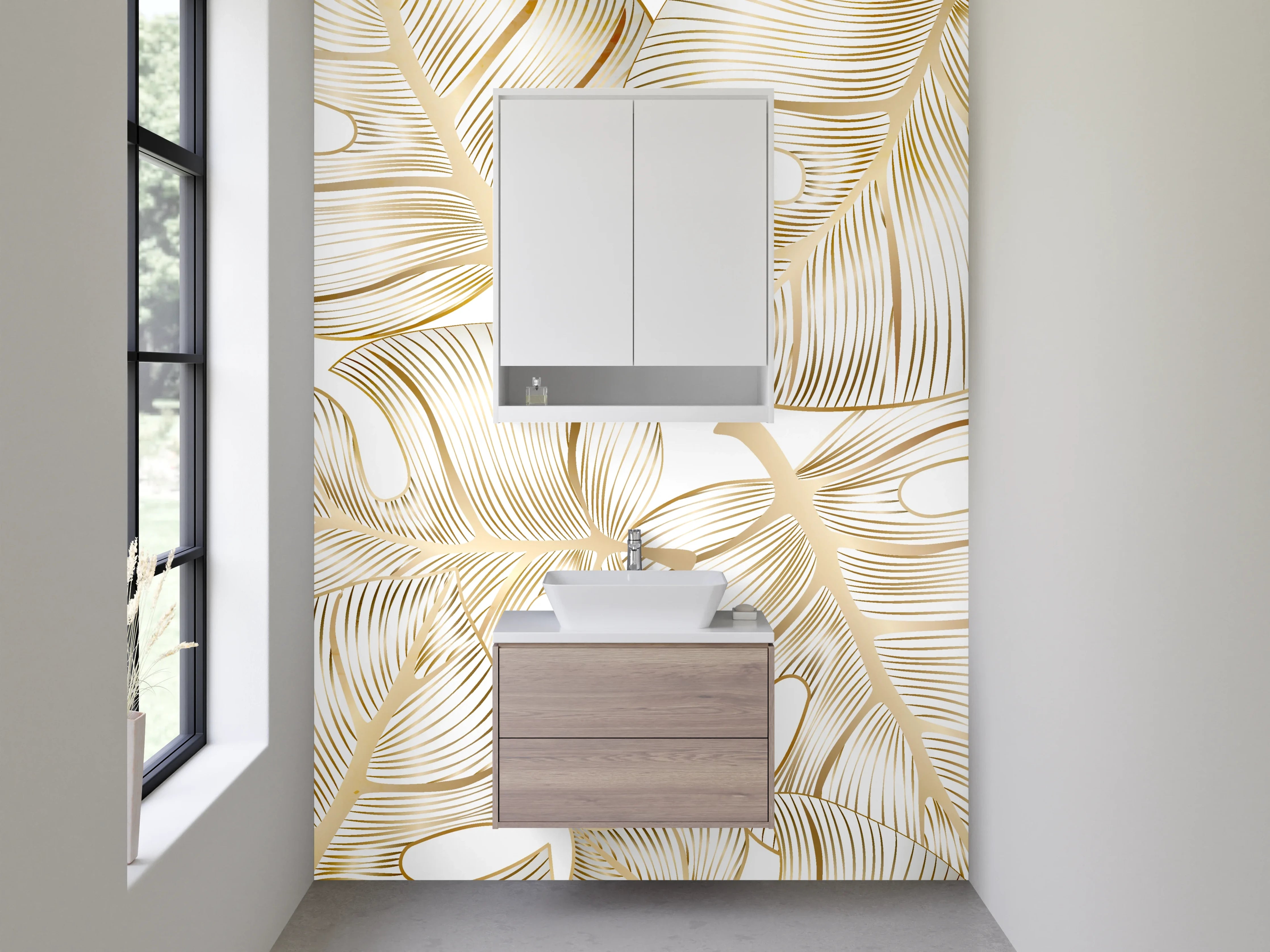 Waschbecken-Rückwand - Goldene Monstera Blätter Muster