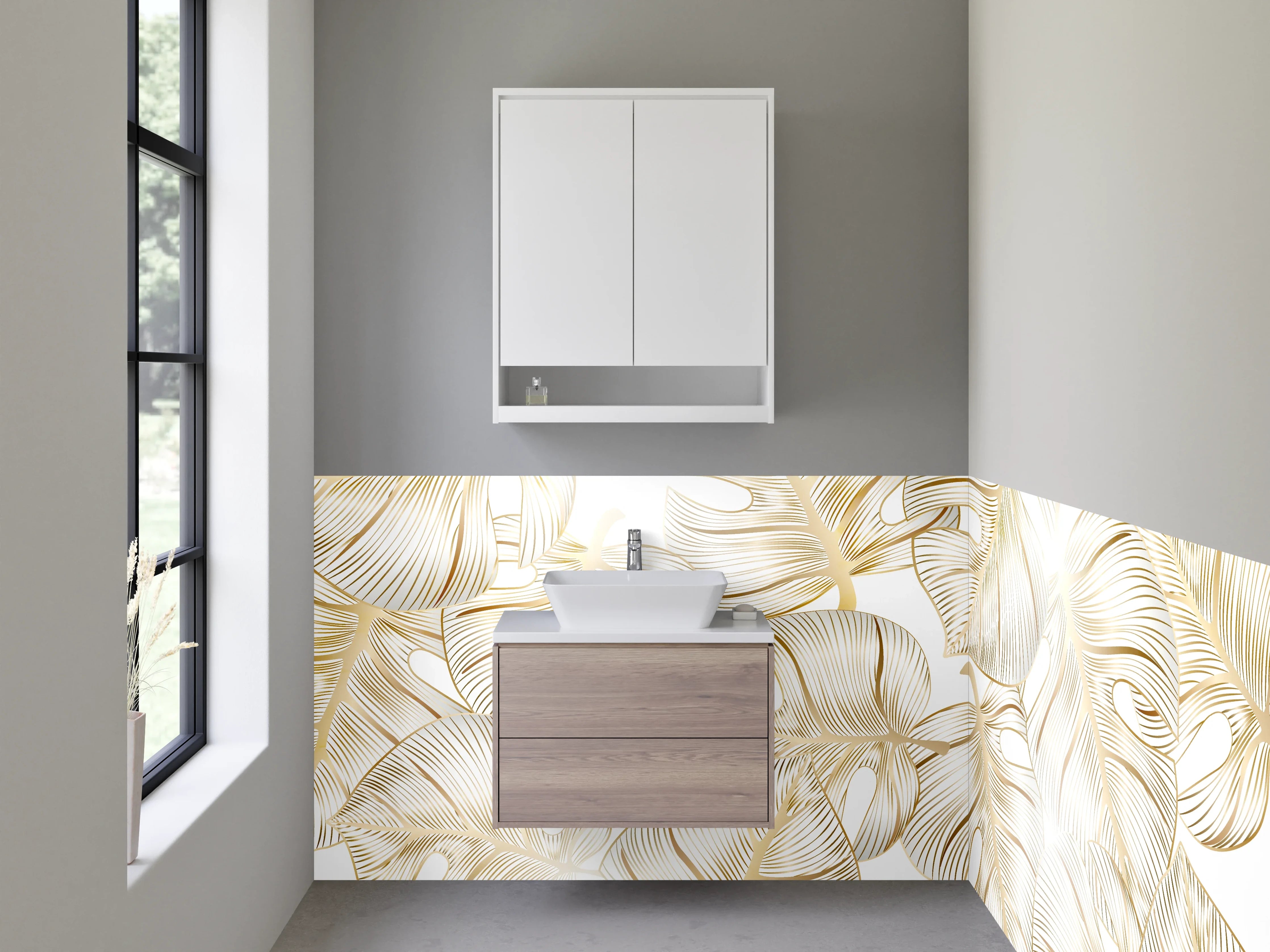 Waschbecken-Rückwand - Goldene Monstera Blätter Muster